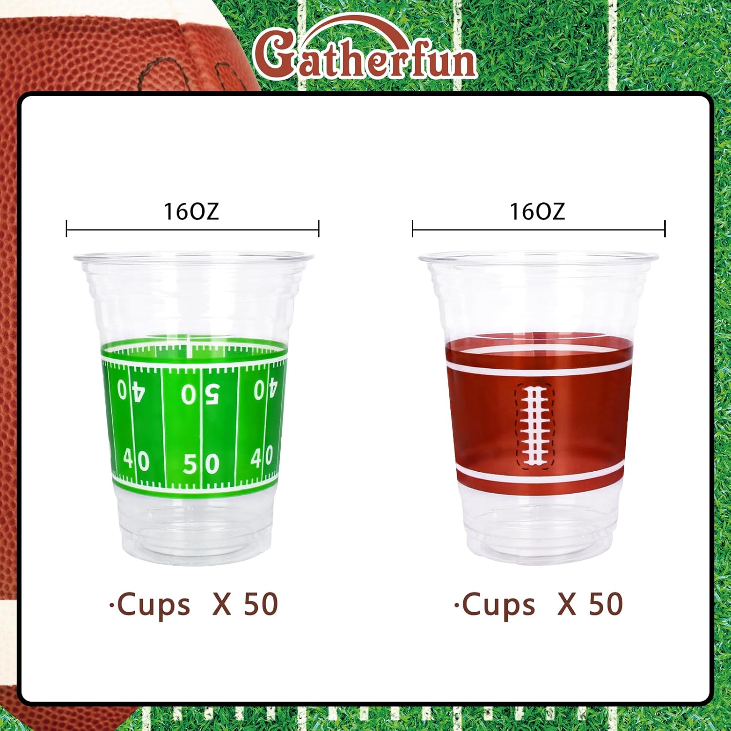 Gatherfun 100 vasos de plástico de fútbol de 16 onzas, perfectos para fiestas de fútbol y eventos de portón trasero, desechables y prácticos,
