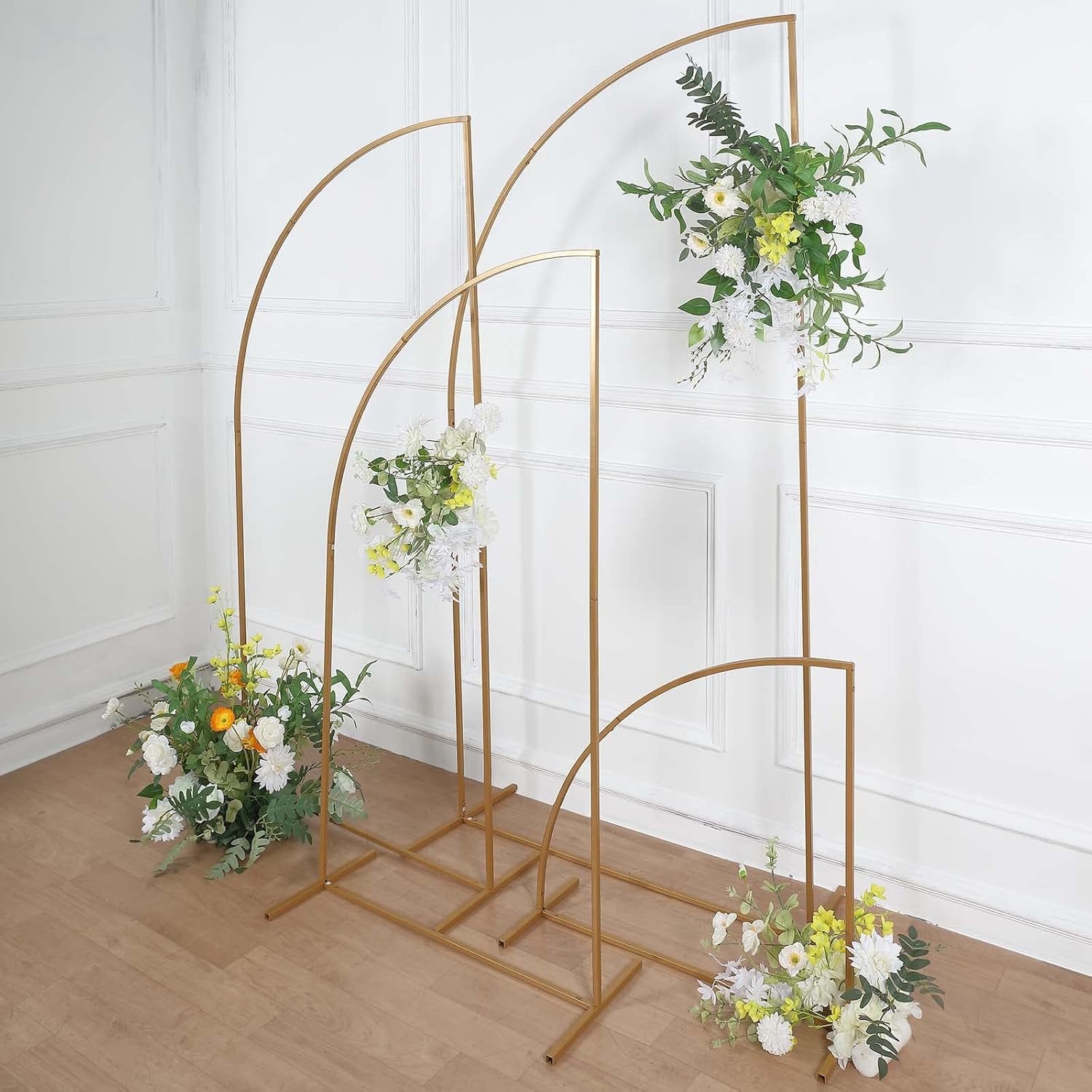 TABLECLOTHSFACTORY – Juego de 4 soportes de metal dorado para telón de fondo de arco de boda, marco floral de media luna, 2.5 pies, 5 pies, 6.5 pies