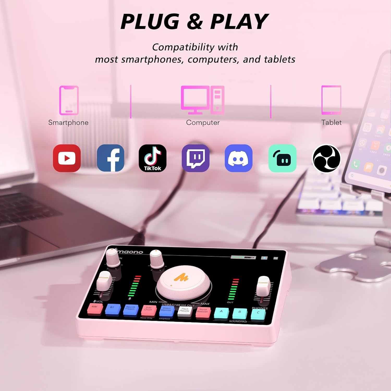 MAONO Mezclador de audio para transmisión, interfaz de audio con preamplificador profesional, Bluetooth, batería incorporada, cancelación de ruido,