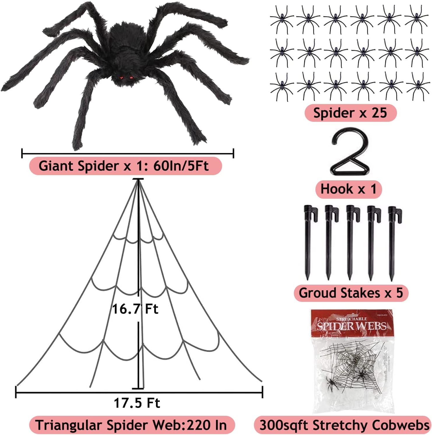 Decoraciones de araña de Halloween, telaraña de 220 pulgadas + araña gigante de 60 pulgadas, telarañas elásticas de 300 pies cuadrados, 25 arañas