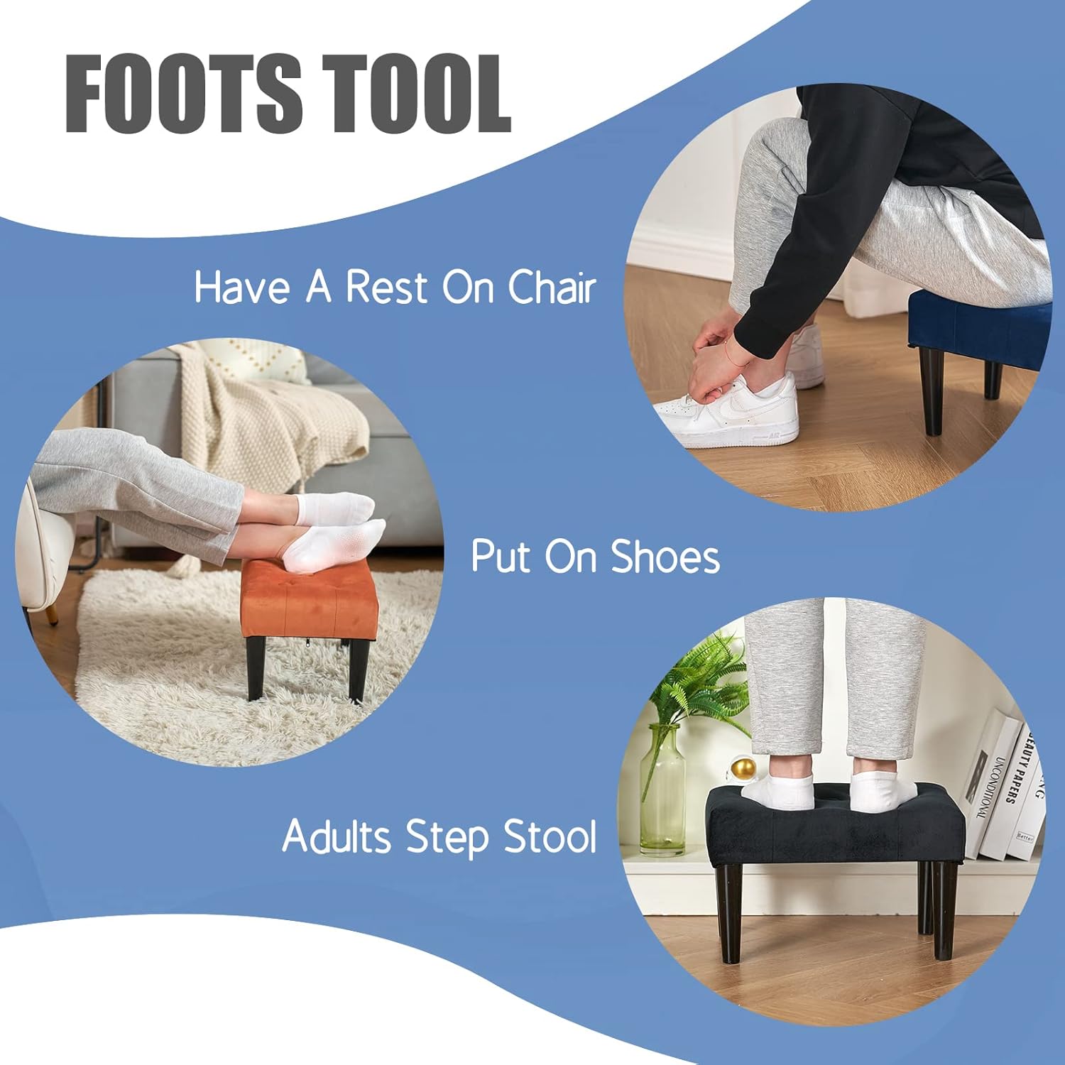 BRIAN & DANY Taburete pequeño otomano, asiento suave de terciopelo con patas de madera, taburete para sala de estar, taburete para pies (negro)