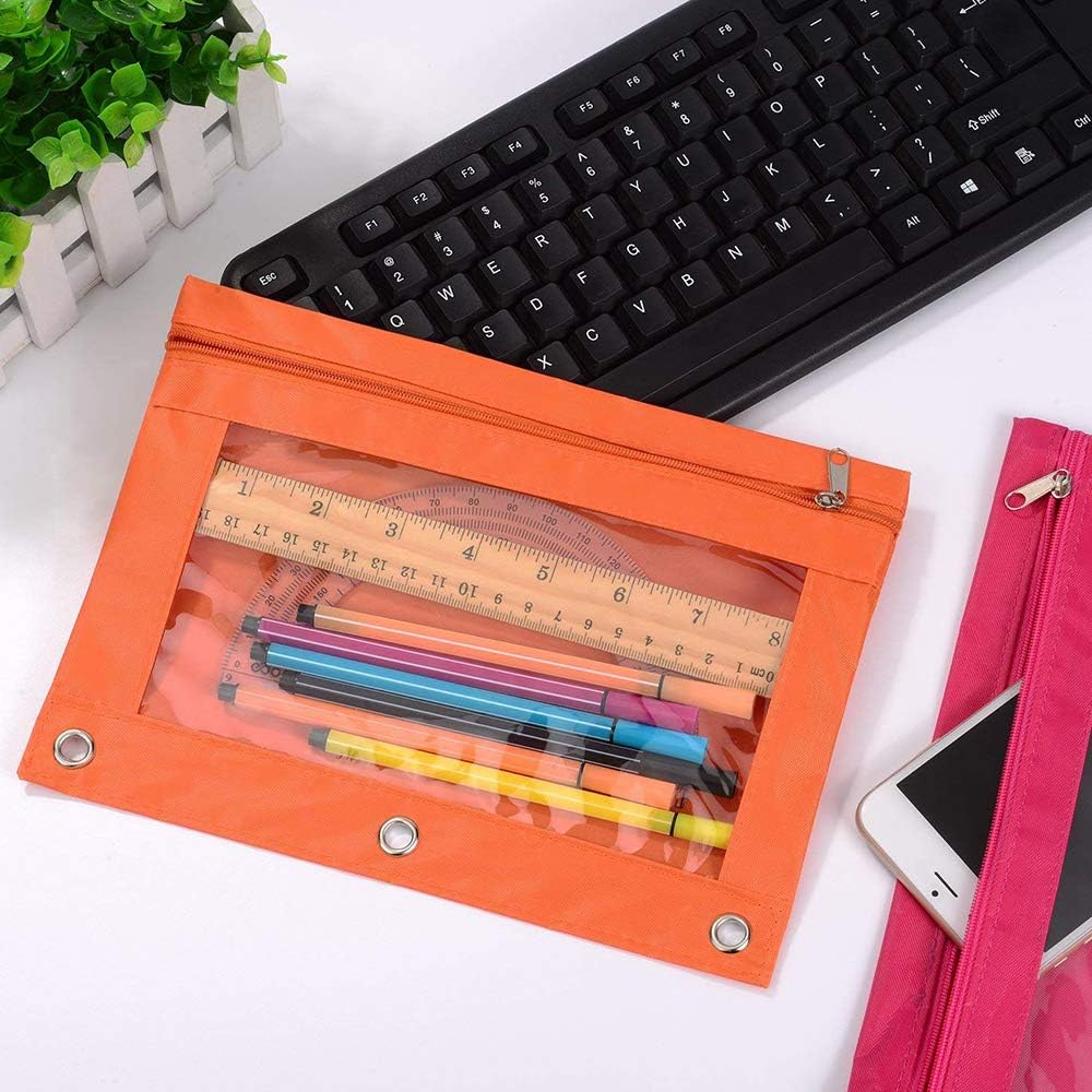 Estuche para lápices con 3 anillas, con cremallera, estuche para cosméticos, color negro, paquete de 2