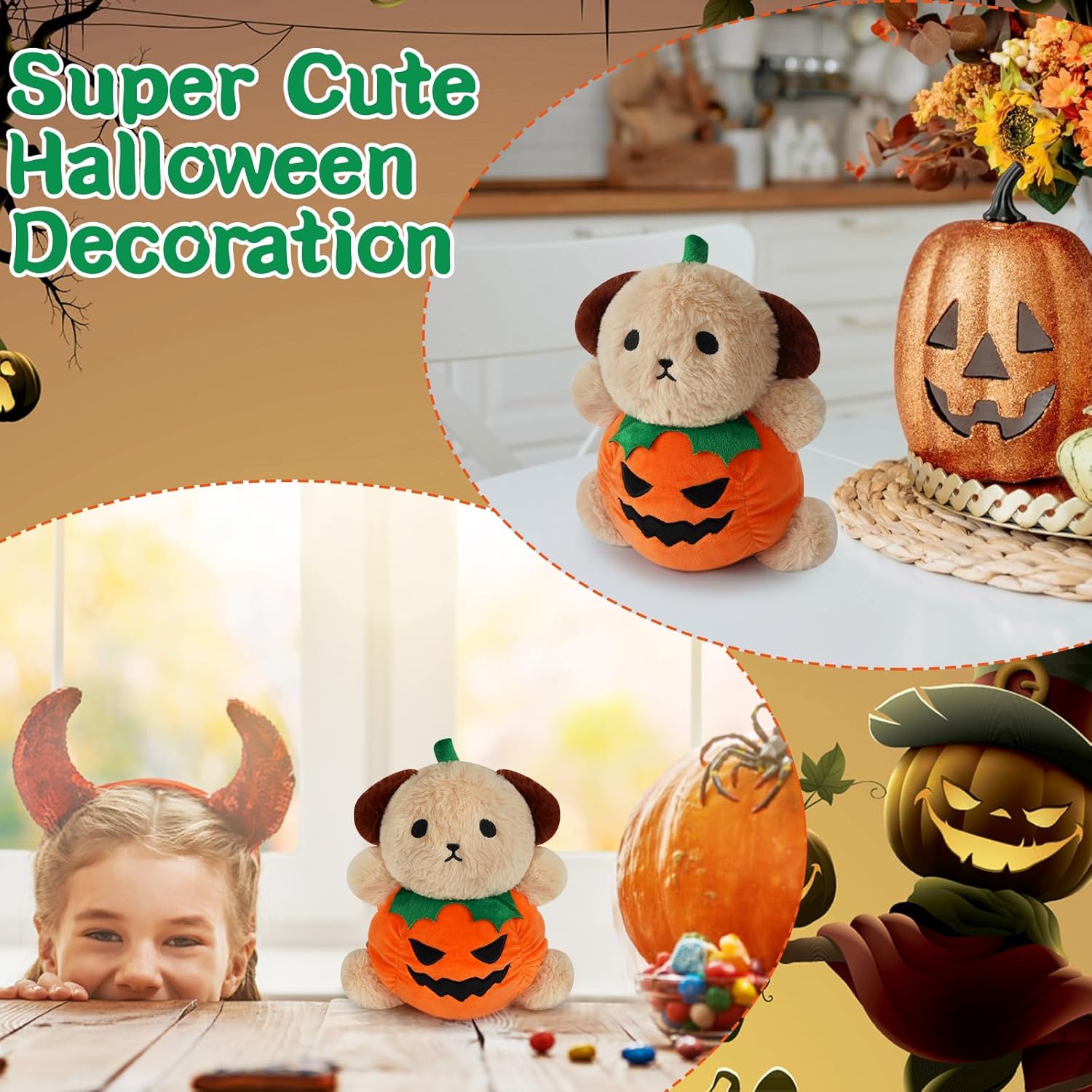 JIAJEGTGT Juguete de peluche para perro, peluche de calabaza de Halloween, lindo juguete de peluche de Halloween, para niños y niñas