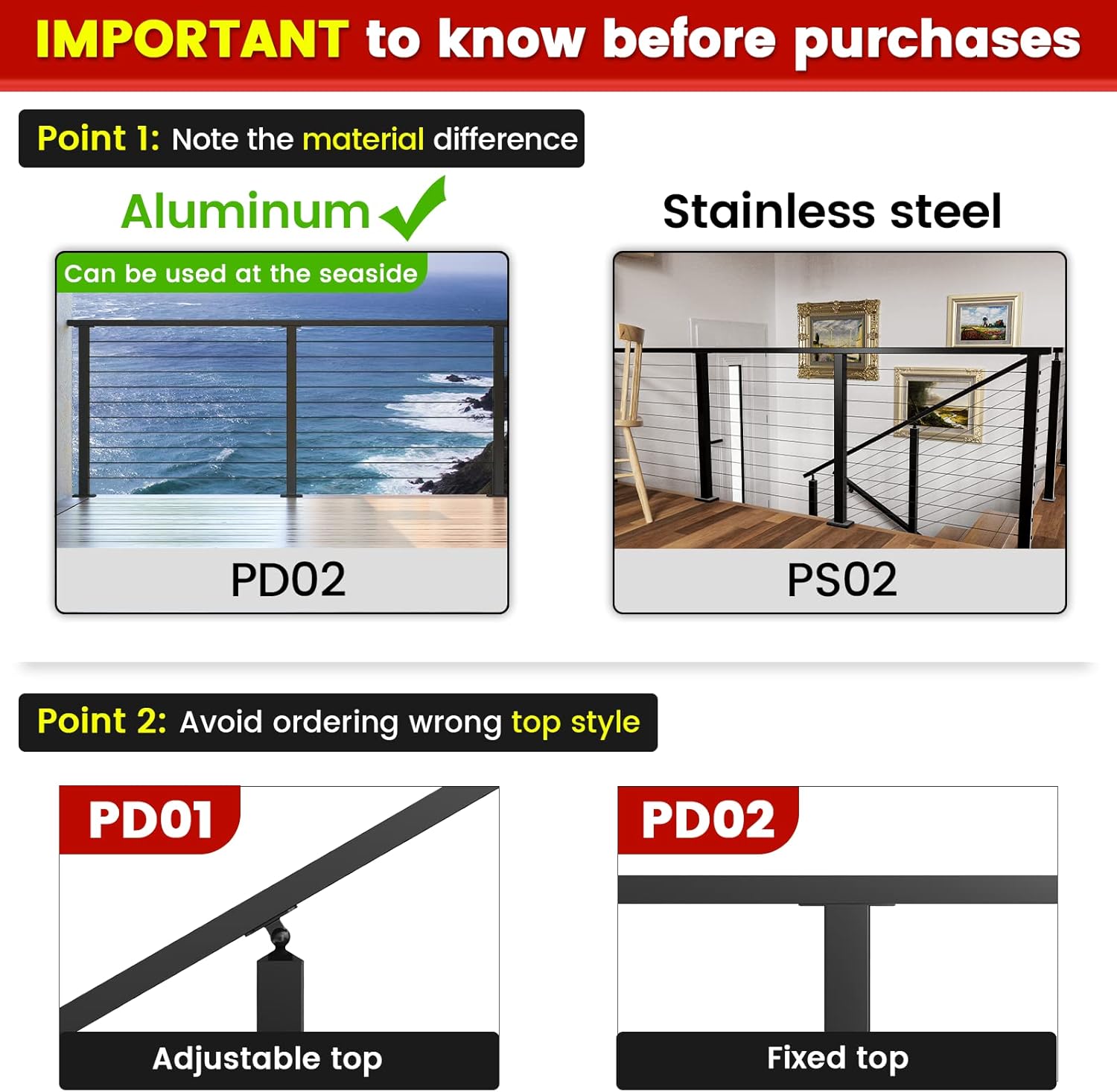 Muzata Poste de aluminio perforado de nivel 36 “X2″x2” Barandilla de cable superior fija Poste Montaje superior ensamblado Cubierta de nivel de