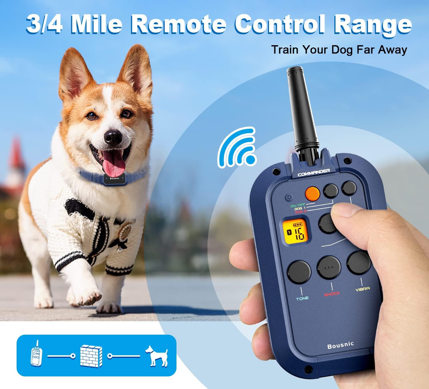 Bousnic Collar de choque para perro con control remoto, collar de entrenamiento electrónico de  milla para perros medianos y grandes, collar E
