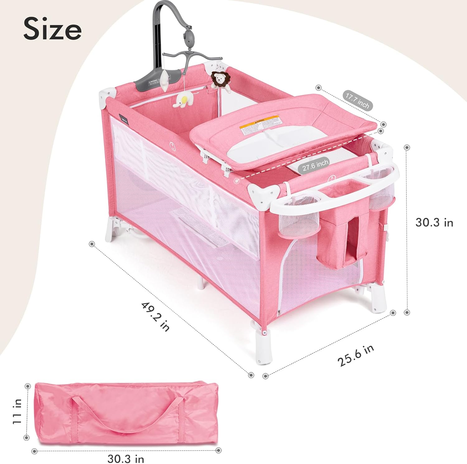 ANGELBLISS Cuna 5 en 1 para bebé, cuna junto a la cama con cambiador de pañales y balancín extraíble, cuna portátil fácil de plegar con móvil,