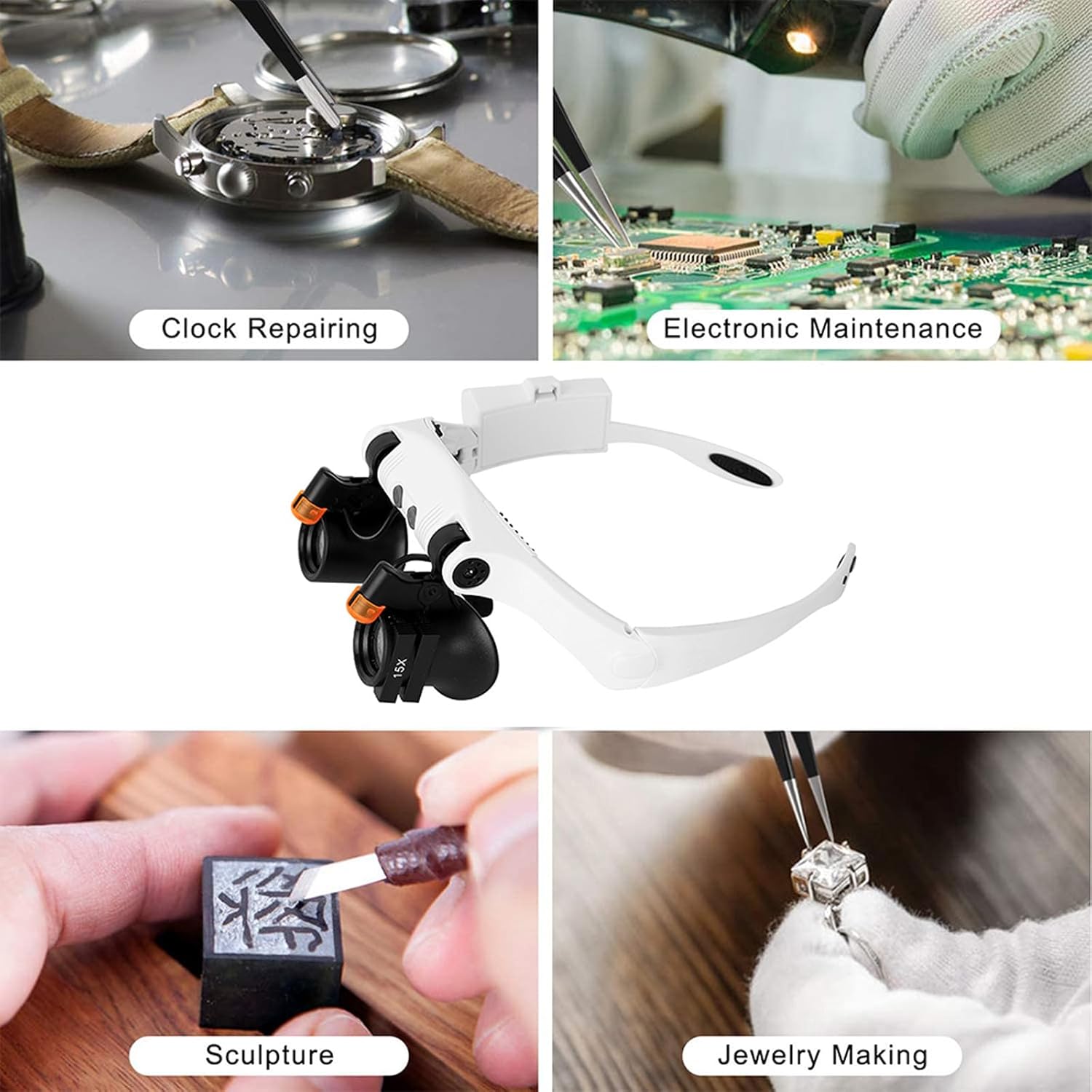 Lupa con luz LED, lupa de reparación de reloj LXIANGN Jeweler Lupe manos libres cabeza lupa lupa con 6 lentes intercambiables – 3X 4X 5X 6X 7X 10x
