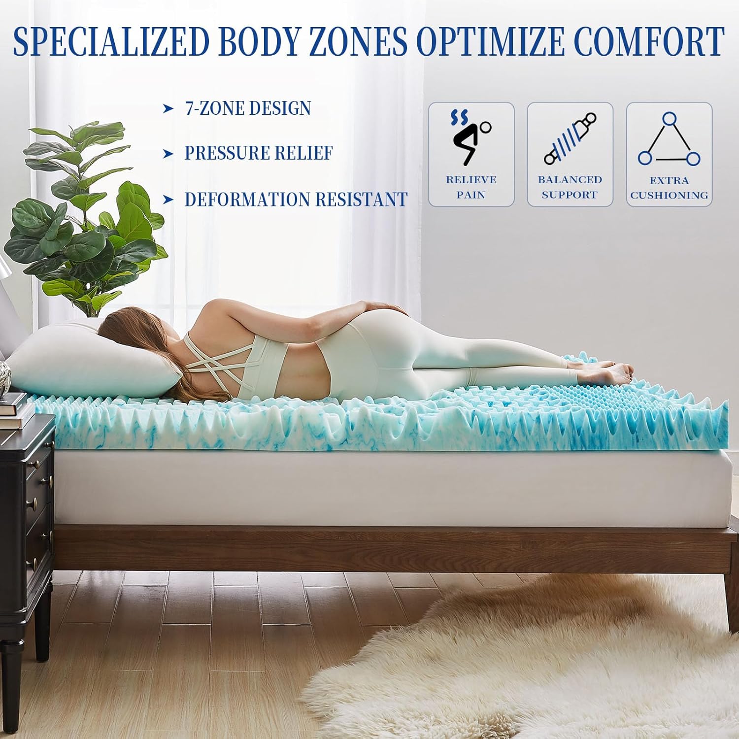Cubrecolchón individual XL de 2 pulgadas de espuma viscoelástica de 7 zonas, colchón de espuma de gel refrescante, almohadilla de colchón suave