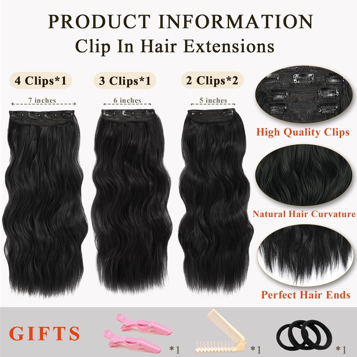 NAYOO Extensiones de cabello negro con clip, 4 piezas, extensiones de cabello ondulado y rizado, de fibra sintética de doble trama, extensiones