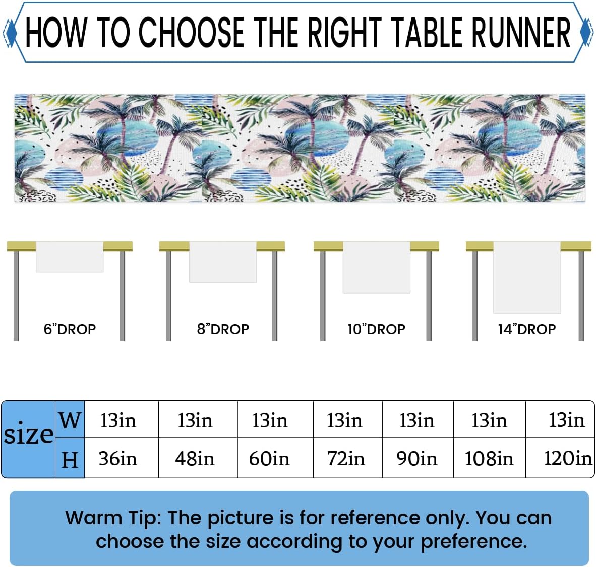 Table Runner Watercolor Beach Coconut Tree, Rustic Linen Table Cloth for Farmhouse Kitchen, Dinner, Events, Party, Holiday Table Decor 13 x 60 Inches