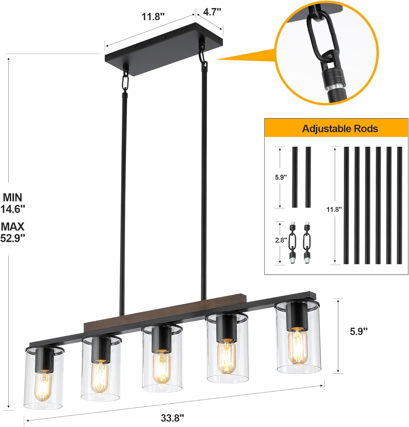 Iluminación de isla de cocina, 5 luces, lámpara colgante de araña lineal sobre mesa de comedor, sala de estar con varillas ajustables, negro y madera