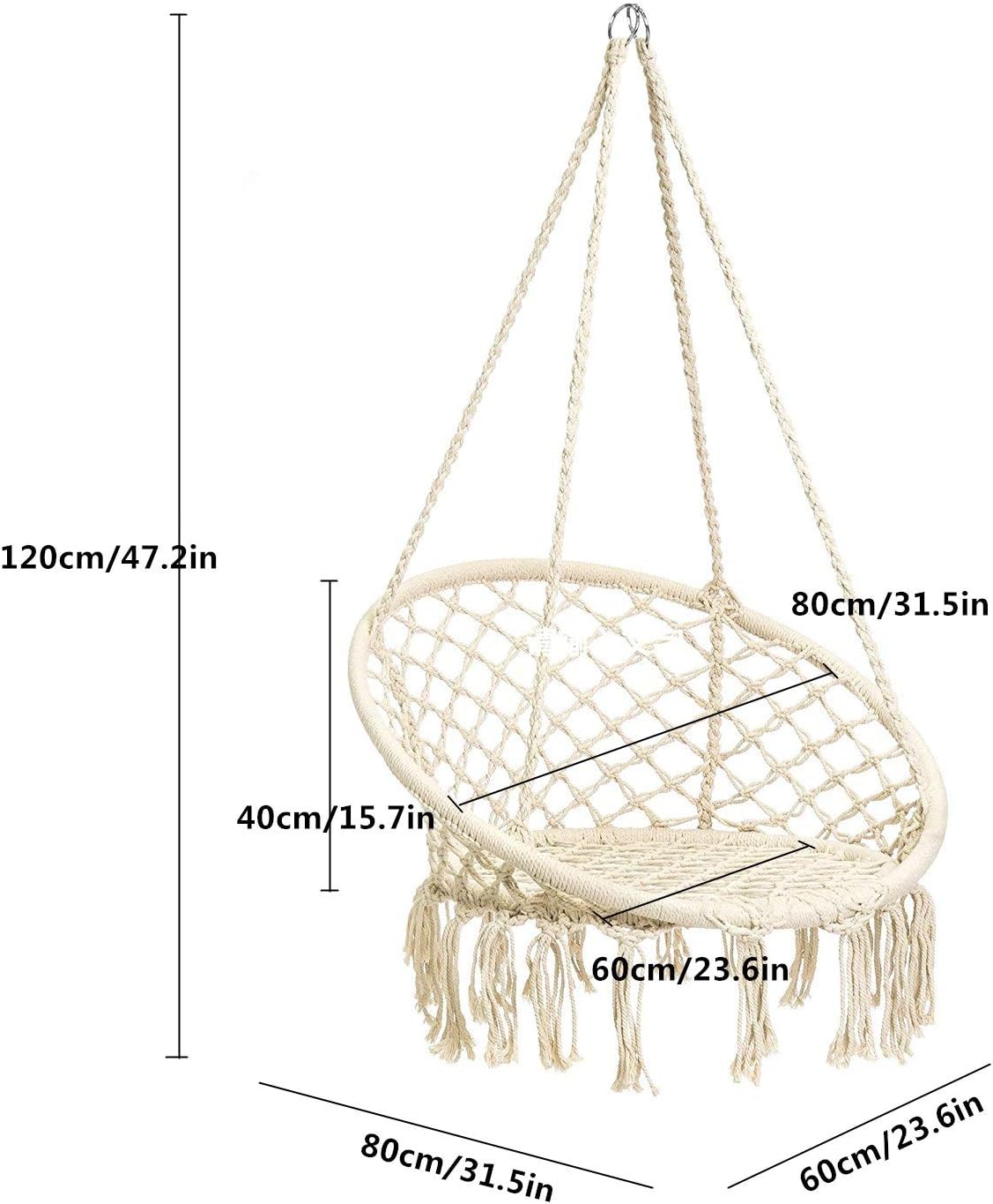 Hamaca con columpio de macramé, cuerda de algodón para colgar, para interiores, exteriores, hogar, patio, porche, cubierta, jardín, peso máximo 260