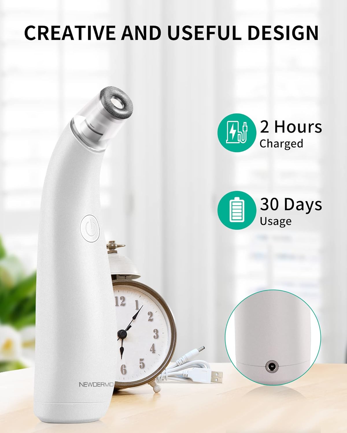 NEWDERMO Máquina de microdermoabrasión 2 en 1 para uso facial, dispositivo de microdermoabrasión de diamante recargable por USB (blanco) con filtros