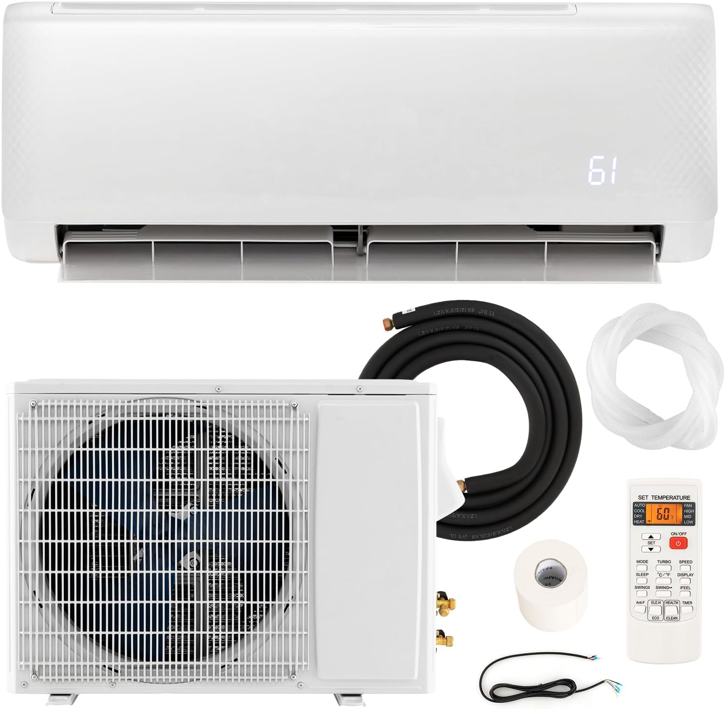 PETSITE Mini sistema de calefacciónaire acondicionado dividido de 12,000 BTU, inversor sin conductos SEER2 con bomba de calor precargada, mini split