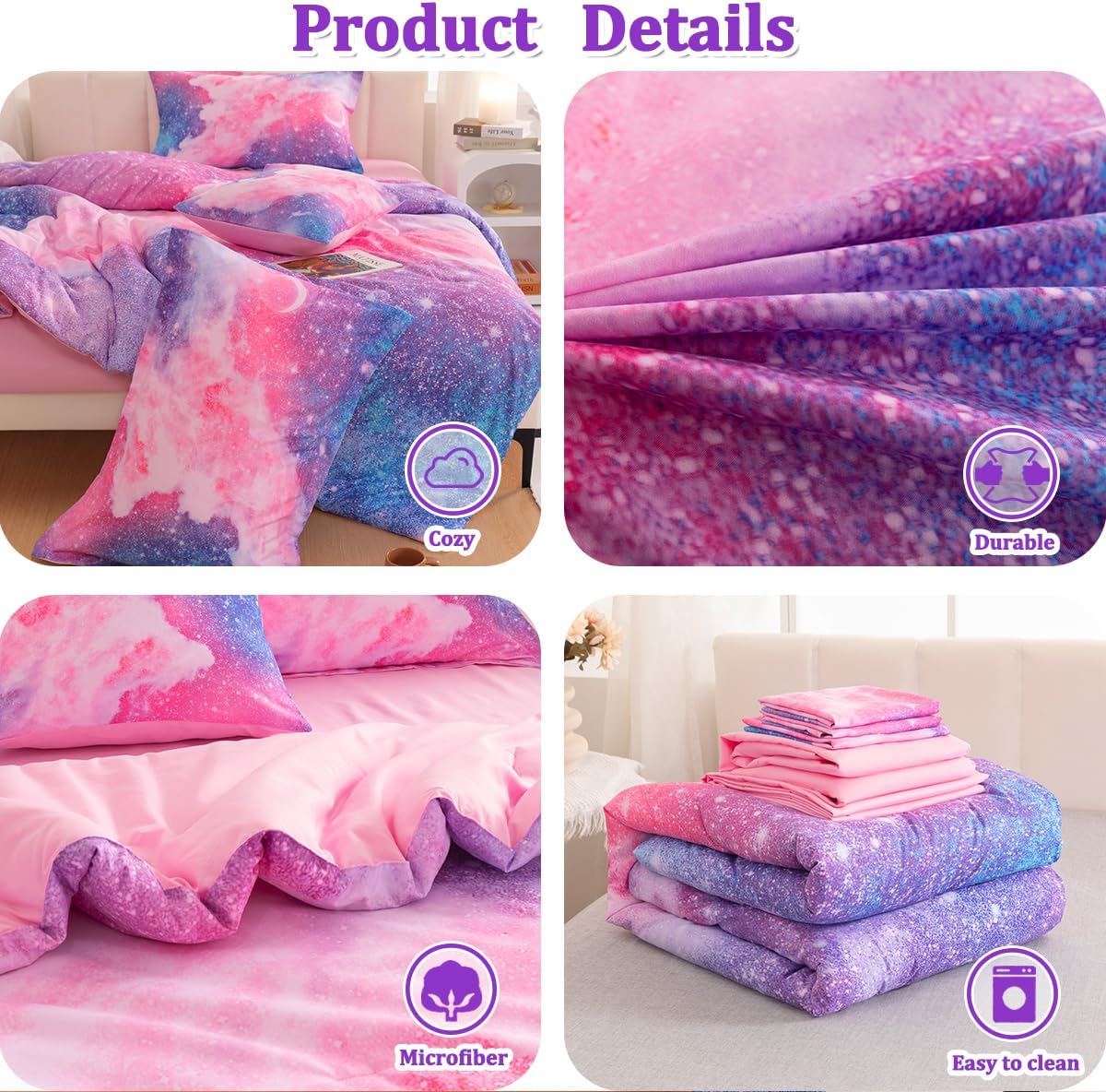 Galaxy – Juego de ropa de cama individual para niñas, juego de edredón de 6 piezas con sábanas, juego de ropa de cama con purpurina rosa y morado