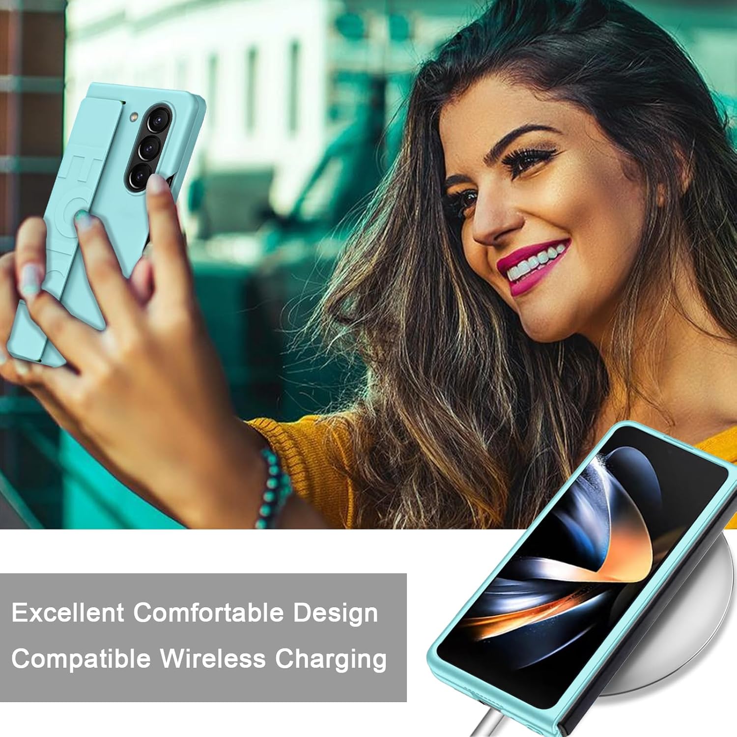 NINKI Funda compatible con correa de mano para Samsung Galaxy Z Fold 5, para mujeres y hombres, ultra delgada y fina, a prueba de golpes, funda