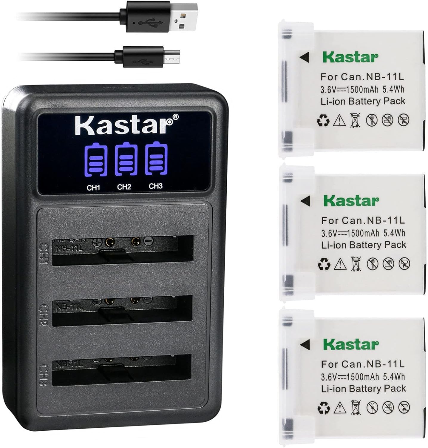 Kastar Paquete de 3 baterías NB-11L y cargador USB triple LCD compatible con Canon PowerShot A4050 A4050 es, SX400 es, SX410 es, SX420 es, ELPH 110