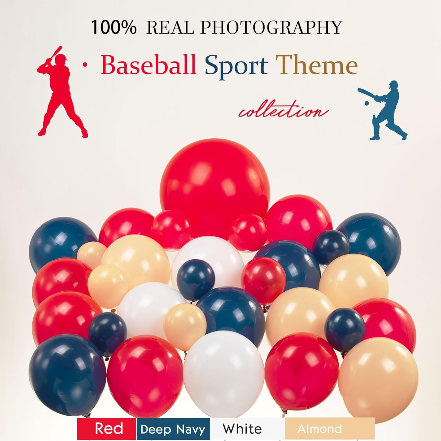Kit de arco de guirnalda de globos con temática de béisbol, 126 unidades, azul marino, rojo, negro, blanco y almendra con globos de aluminio en
