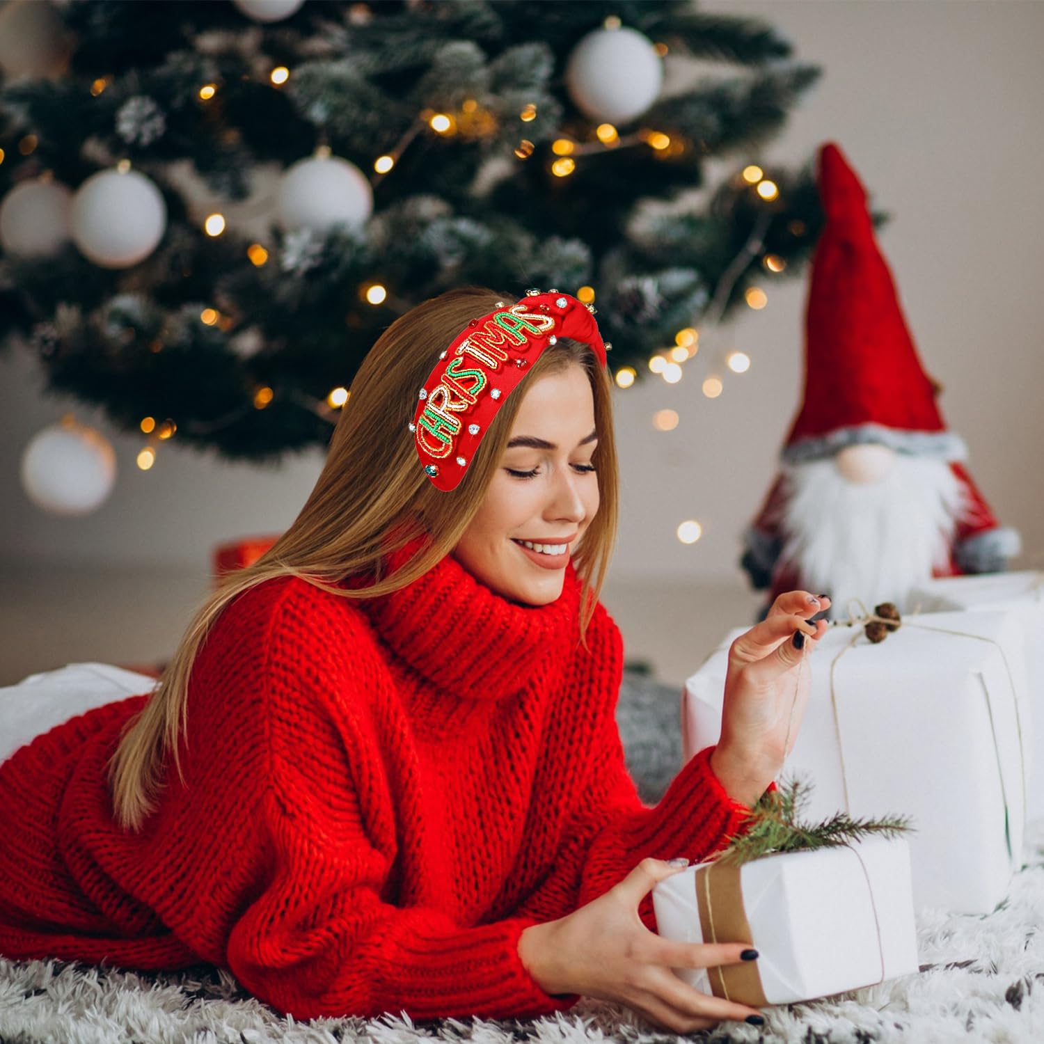 NVENF Diadema de Navidad para mujer, diadema de Navidad con adornos de perlas de cristal, diadema anudada con nudo superior ancho, accesorios para