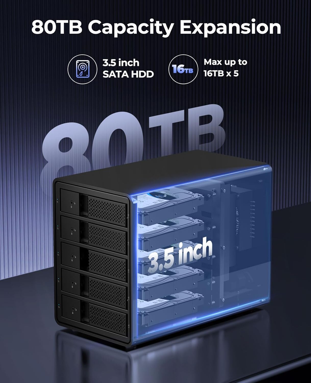 ORICO Caja de disco duro de 5 bahías, sin bandeja, aluminio de 3.5 pulgadas, ventilador de refrigeración integrado de 3.150 in y fuente de