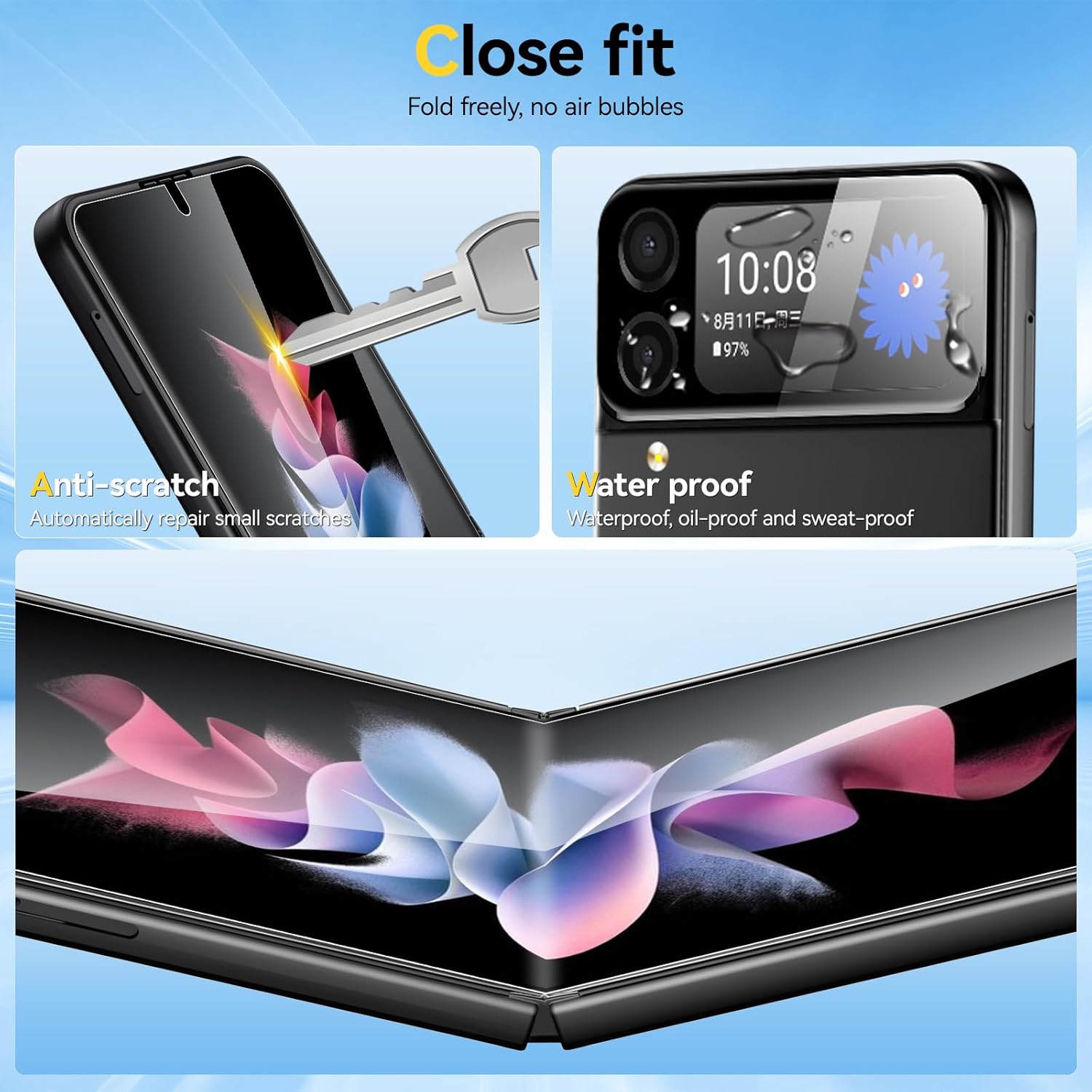 Vizvera Paquete de 2 protectores de pantalla para Galaxy Z Flip 3, película EPU + 2 unidades Flip 3 película flexible de pantalla interna HD
