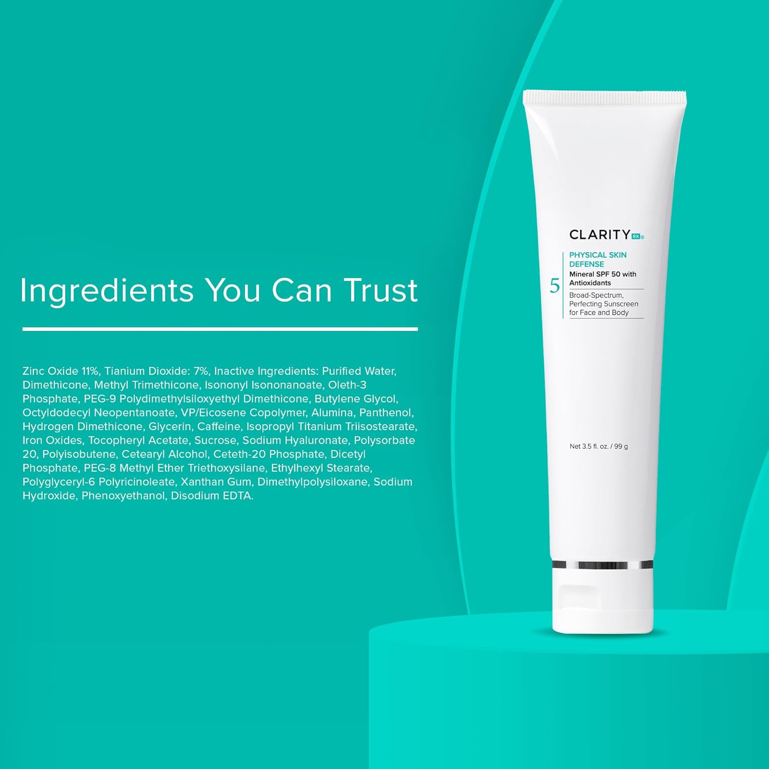 ClarityRx Physical Skin Defense – Protector solar hidratante mineral con SPF 50, natural a base de plantas, resistente al agua, protección UV con