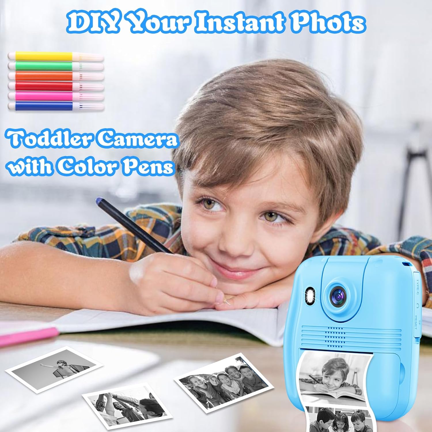 Cámara de impresión instantánea para niños, cámara digital 1080P, teléfono de video selfie conectado, regalo ideal para niños y niñas de 3 a 12 años
