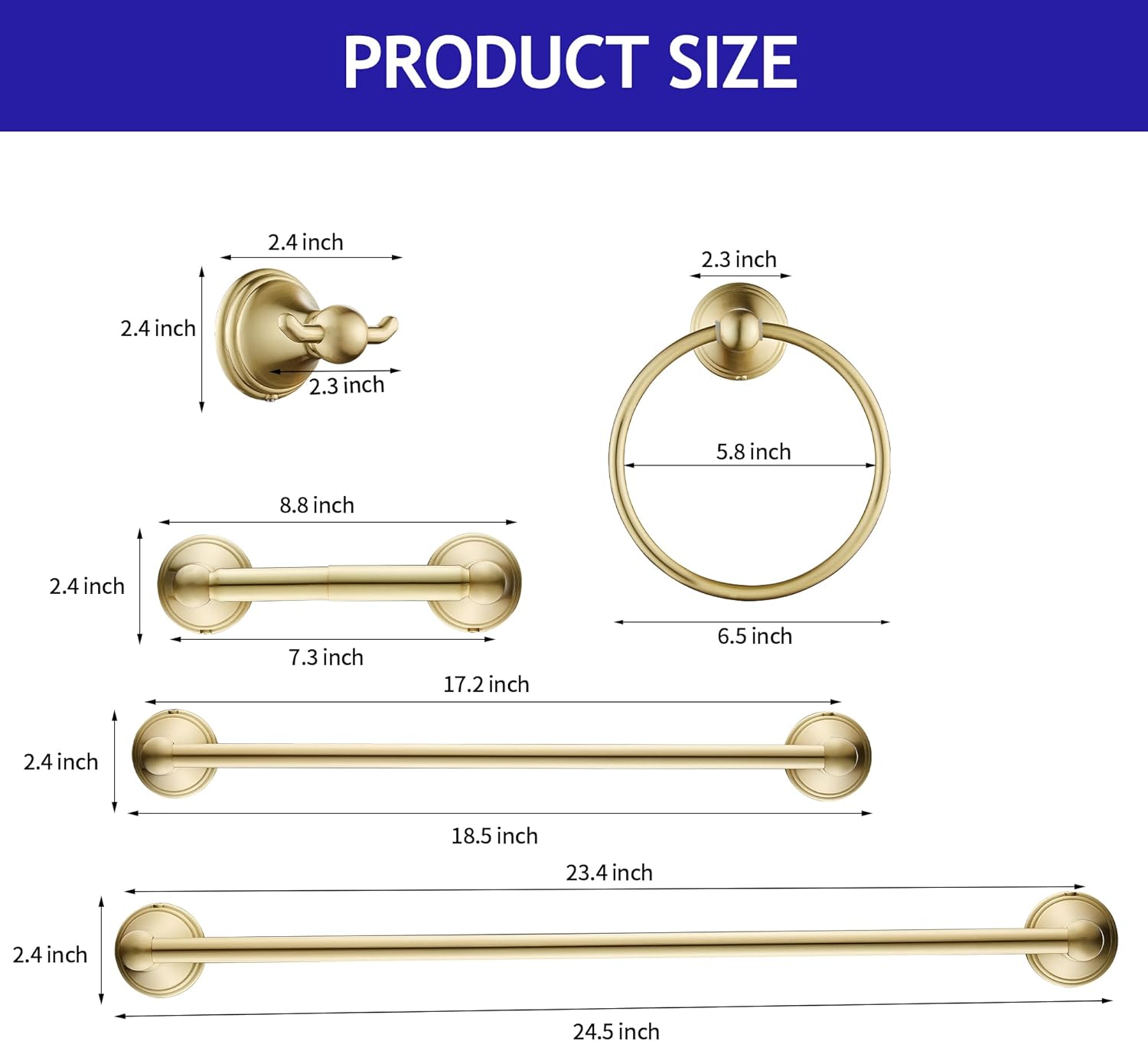 FOUTLQ Juego de accesorios de baño de oro cepillado, 5 piezas, juego de toallero de 24 pulgadas, acero inoxidable montado en la pared, juego de