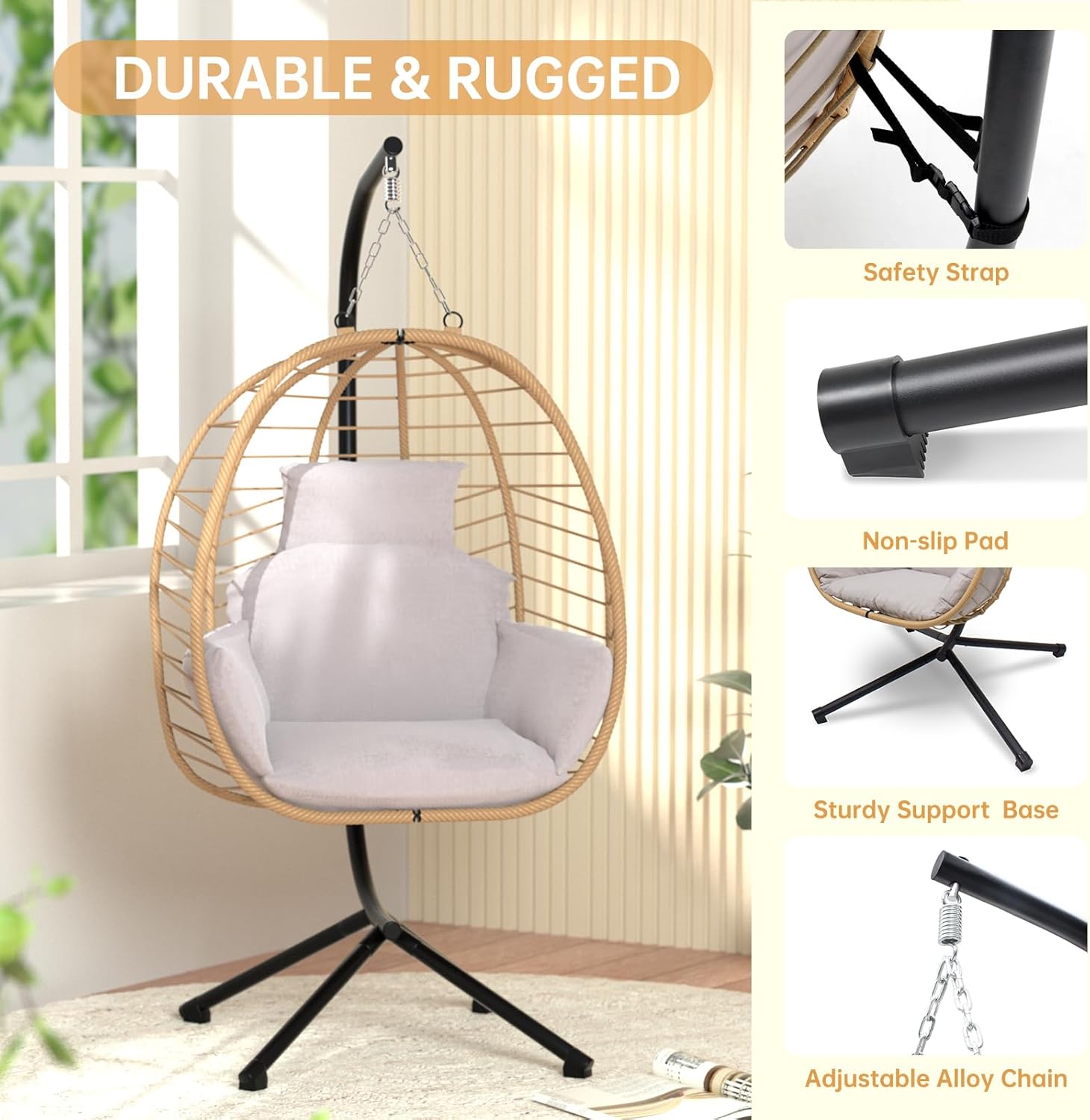Silla colgante de huevo con soporte, hamaca de patio, silla oscilante, cesta de mimbre de ratán, altura ajustable, resistente a los rayos UV, uso en