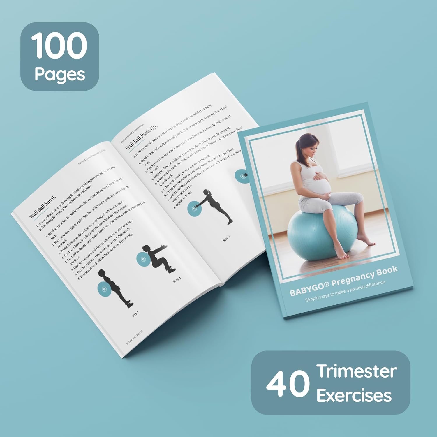 BABYGO Bola de parto  Juego de pelota y libro de yoga y ejercicio para embarazo, objetivo trimestre, fisio de maternidad, plan de nacimiento y
