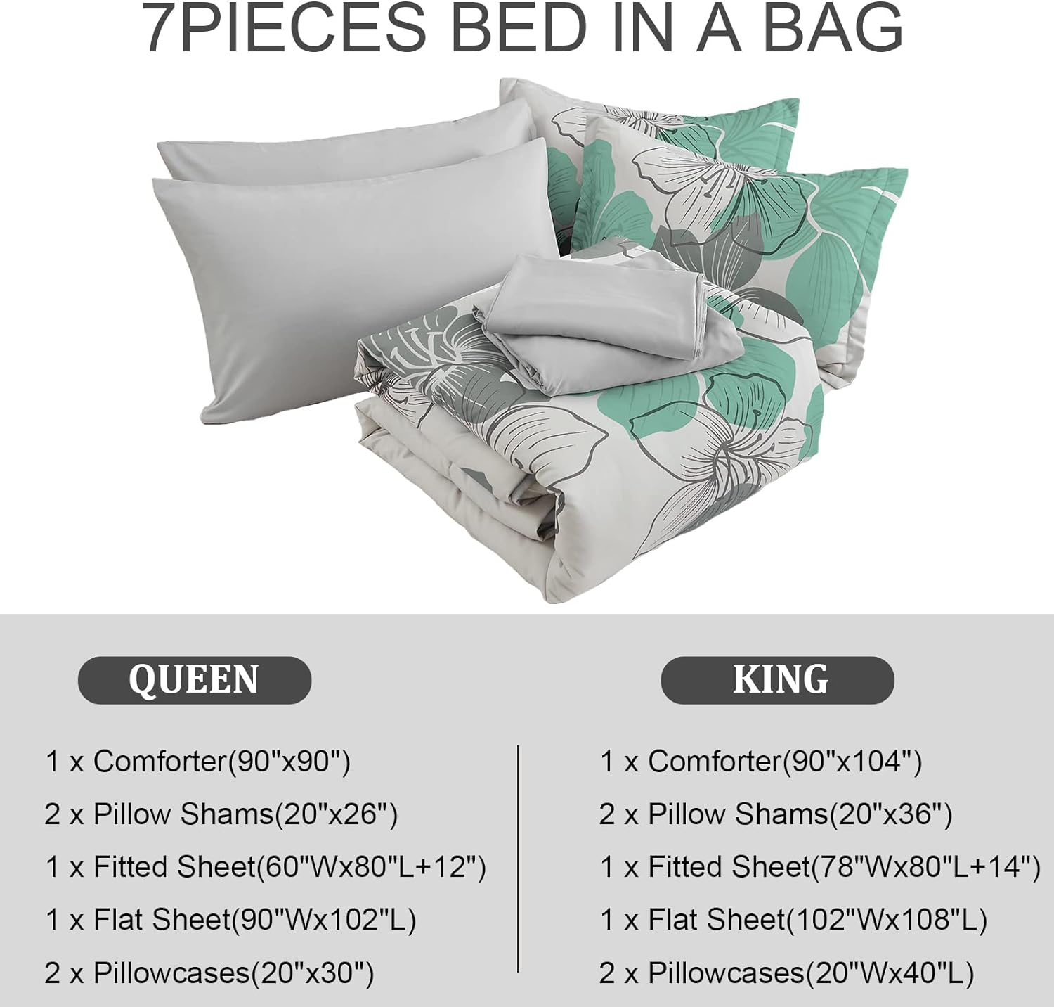 Luxudecor Juego de edredón floral tamaño King, edredón de microfibra suave con patrón floral verde, 7 piezas en una bolsa (1 edredón, 2 fundas de