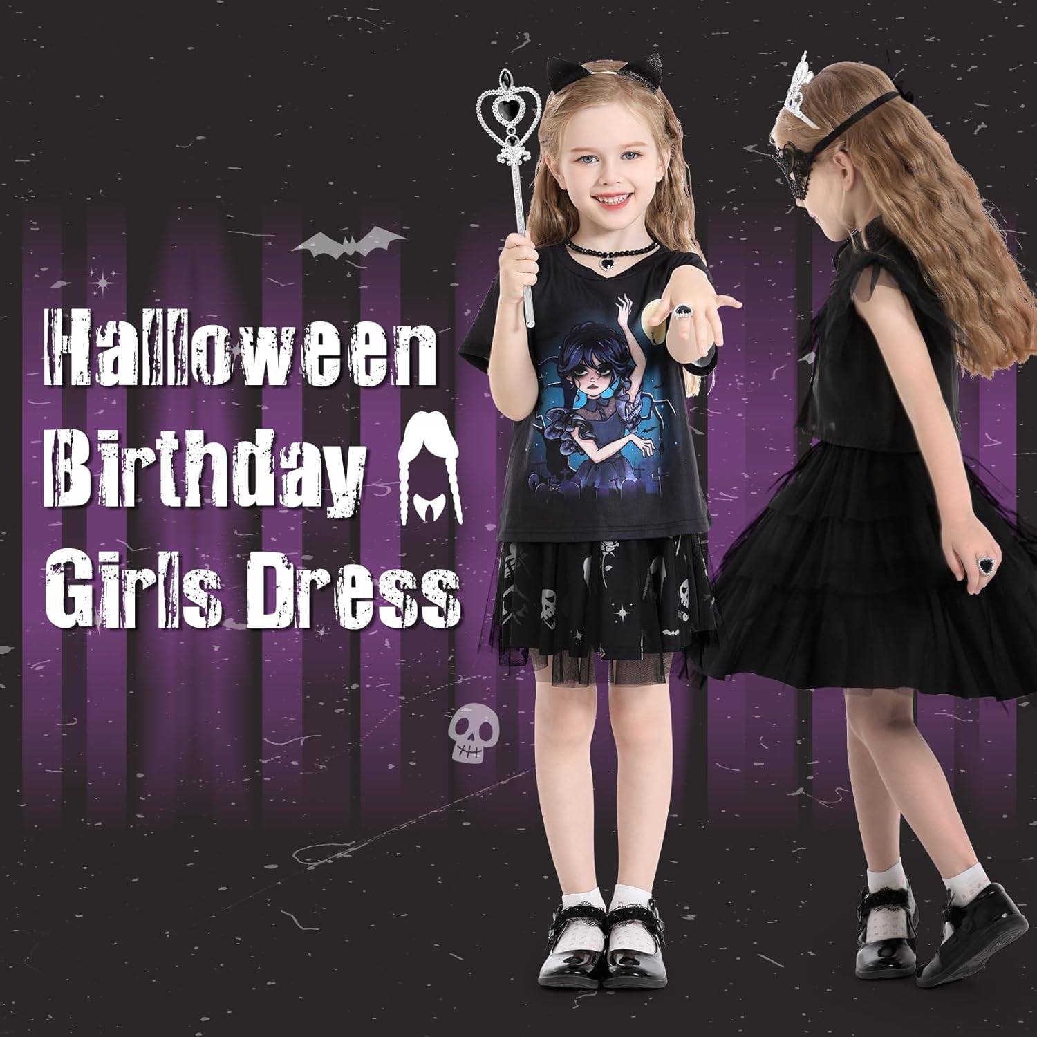 Fedio Vestido de disfraz negro para niñas, vestido de disfraz familiar negro para niñas, vestidos de princesa negros para niñas de 3, 4, 5, 6 años,