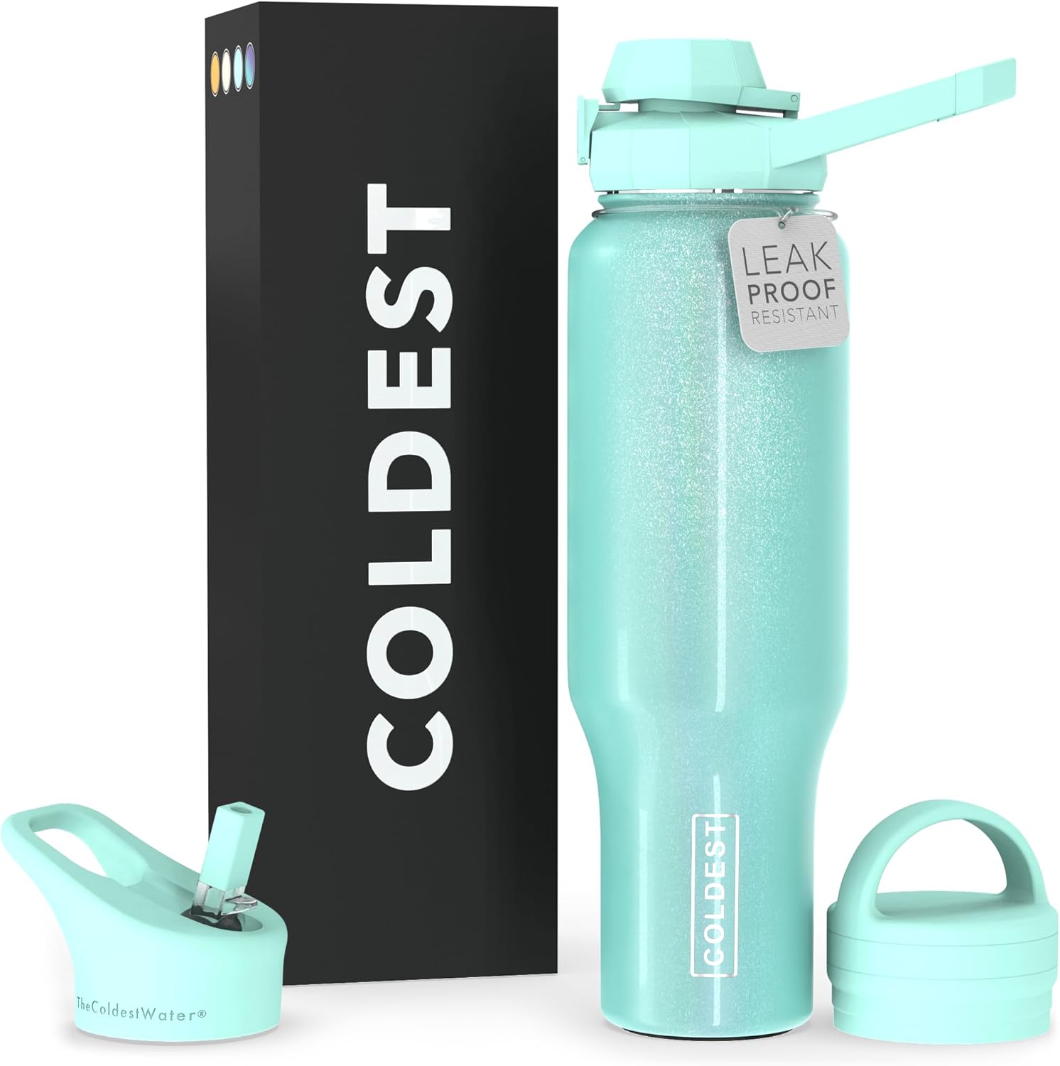 COLDEST – Botella deportiva de 3 tapas (con pico, con pitillo y con asa), vaso con aislamiento al vacío, de acero inoxidable, se adapta a la tapa