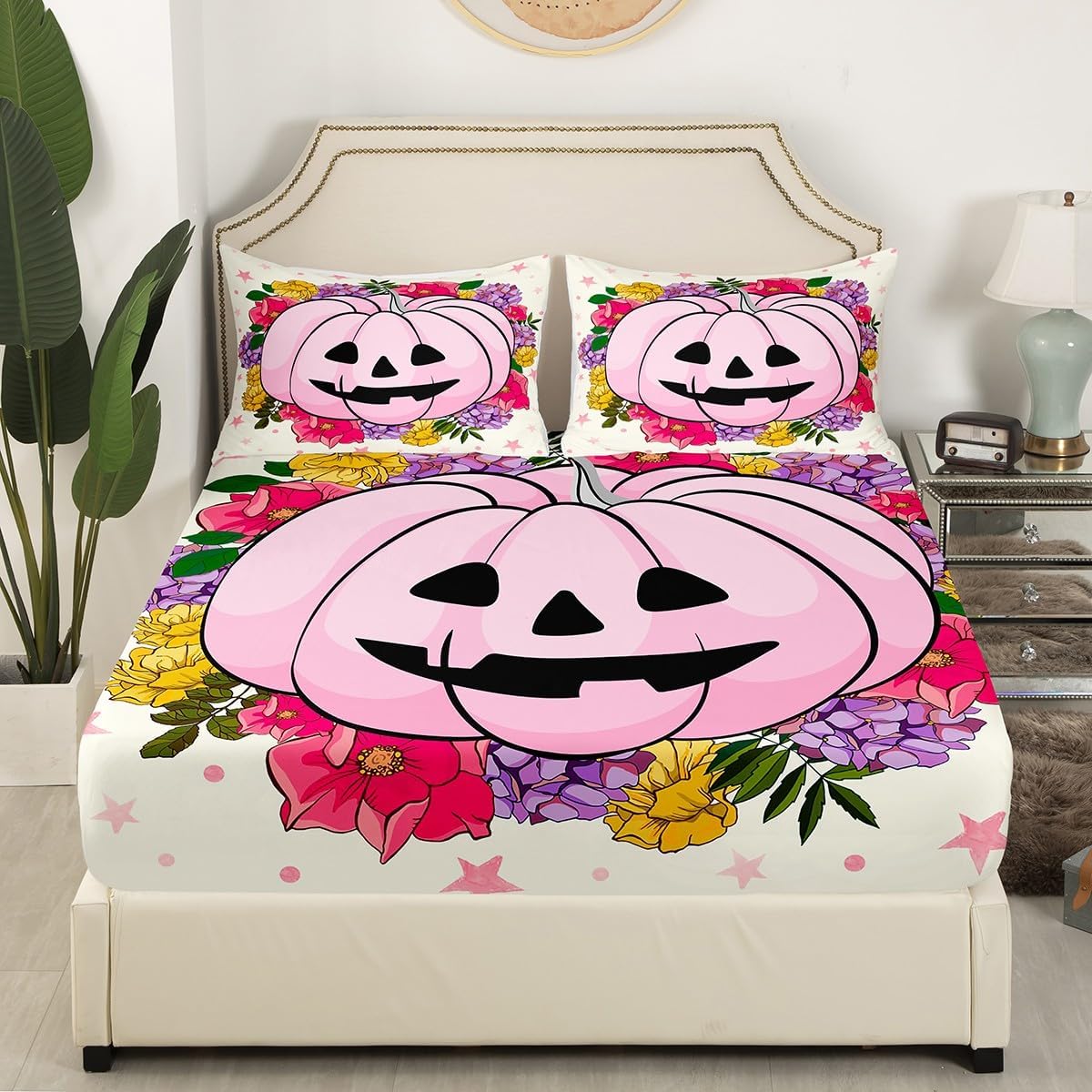 jejeloiu Juego de sábanas de Halloween rosa tamaño matrimonial, sábana bajera ajustable con farol de calabaza para niños y niñas, juego de ropa de