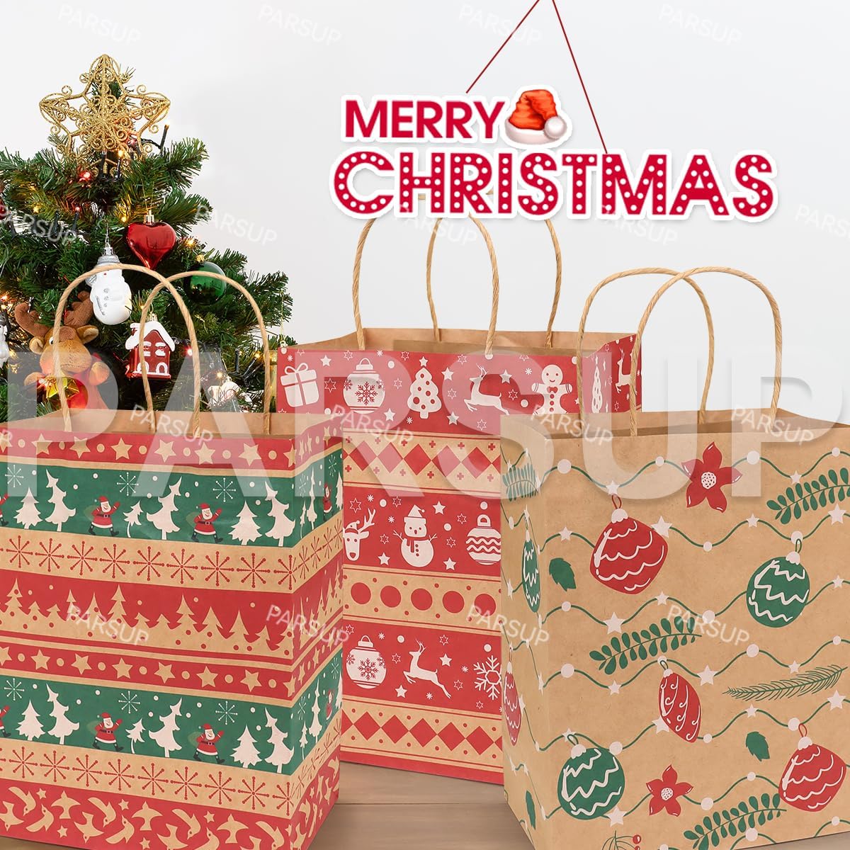 Bolsas de regalo de papel kraft de Navidad, 24 unidades de estilos surtidos, bolsas de papel pequeñas de Navidad con asas, bolsas de regalo de