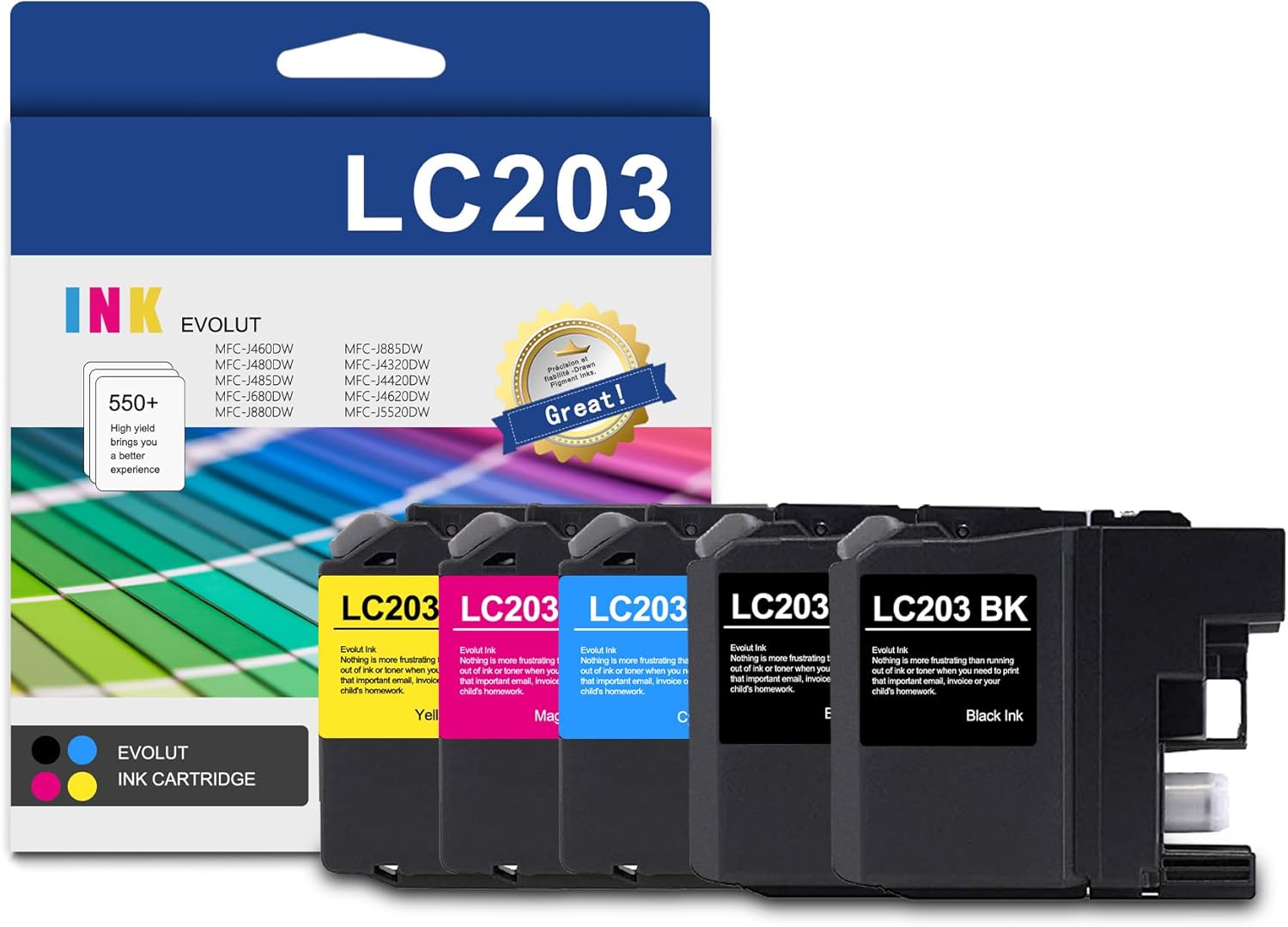 LC201 LC203 XL – Cartuchos de tinta (5 unidades, 2 negros, 1 cian, 1 magenta, 1 amarillo) – Repuesto de tinta LC203XL compatible con Eout para