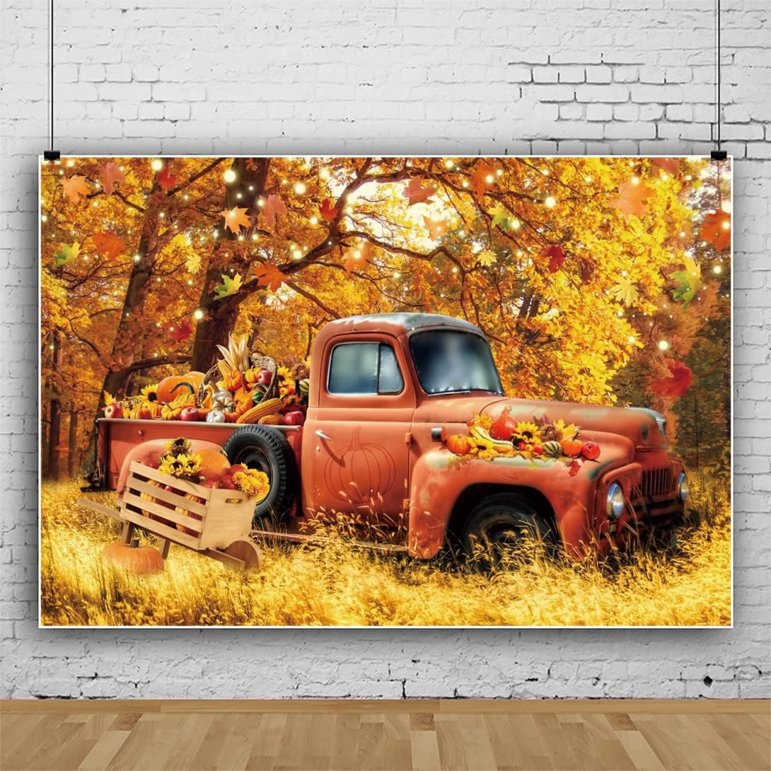 Telón de fondo de vinilo de 10 x 8 pies con diseño de camión rojo de bosque de otoño, calabaza, girasol, cosecha, fondo de fotografía, hojas de