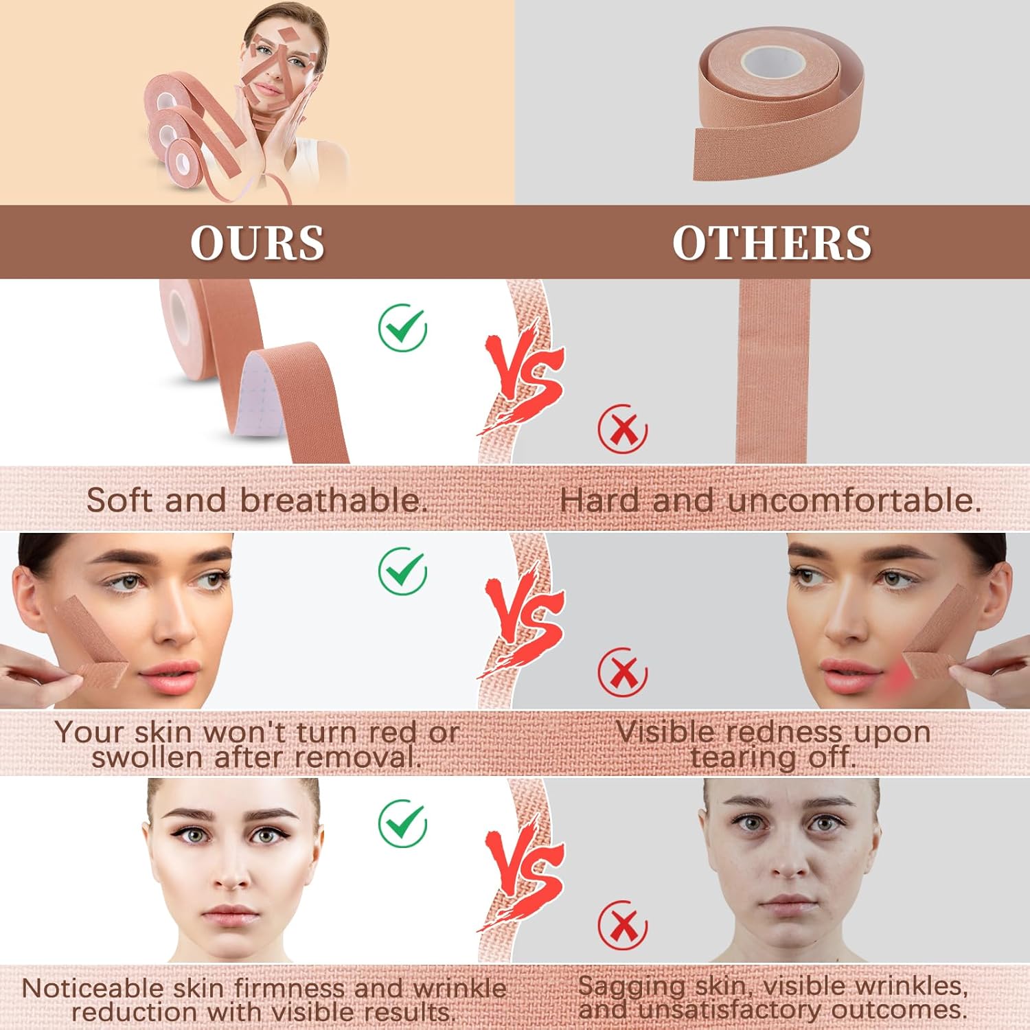 3 rollos de cinta de estiramiento facial instantáneo, parche miofascial facial para tratamiento de arrugas para línea V, levantamiento de piel