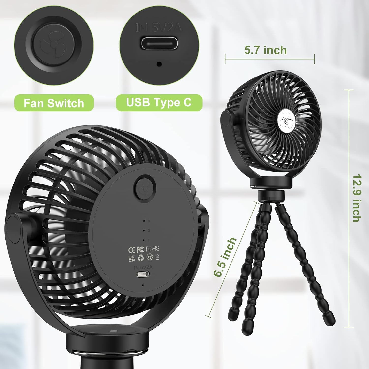 VASG Ventilador de cochecito a pilas, mini ventilador de mano con clip con trípode flexible, ventilador de bebé alimentado por batería, ventilador