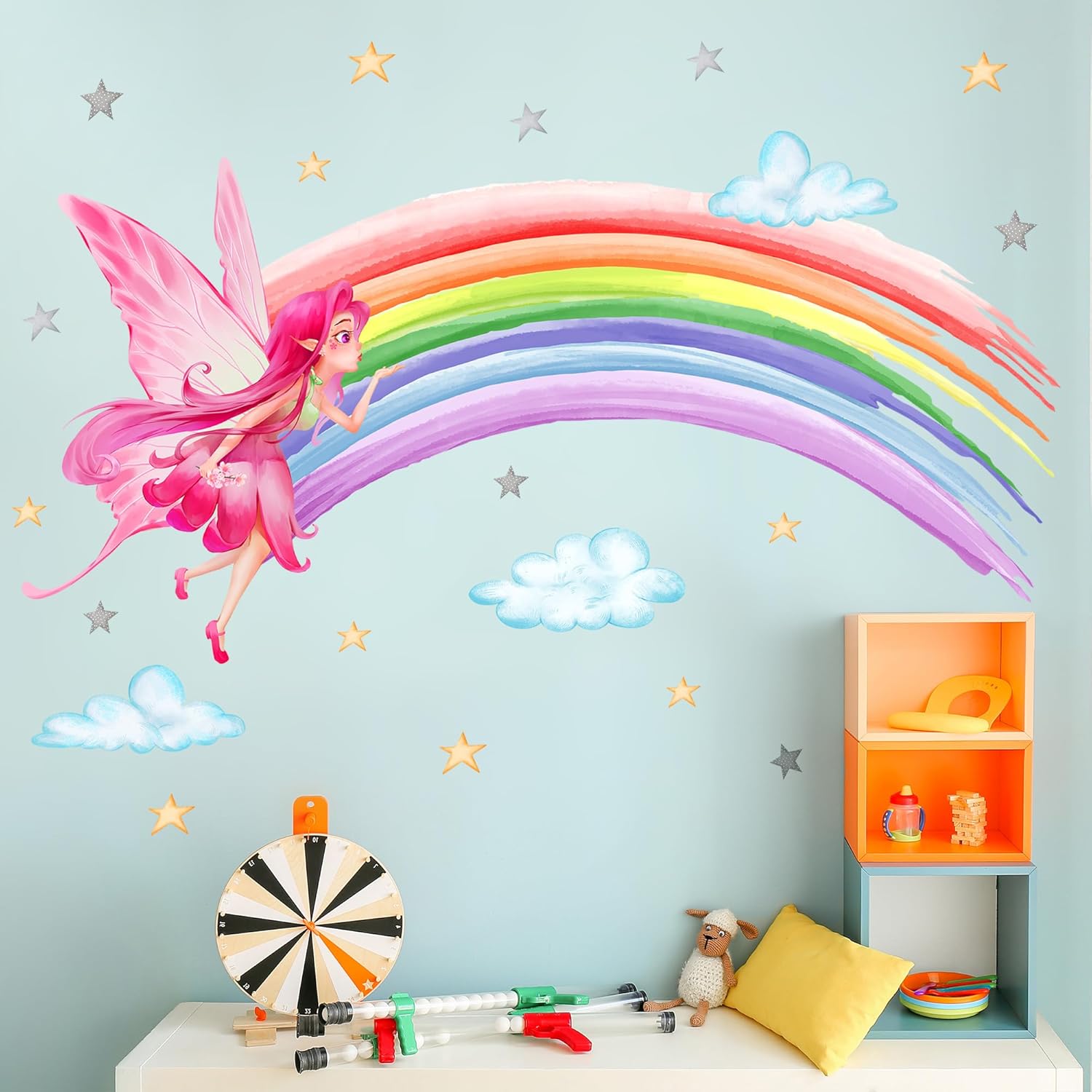Calcomanías de pared de acuarela arco iris, calcomanías de pared coloridas de nube de estrellas, calcomanías de pared de princesa de elfo rosa para