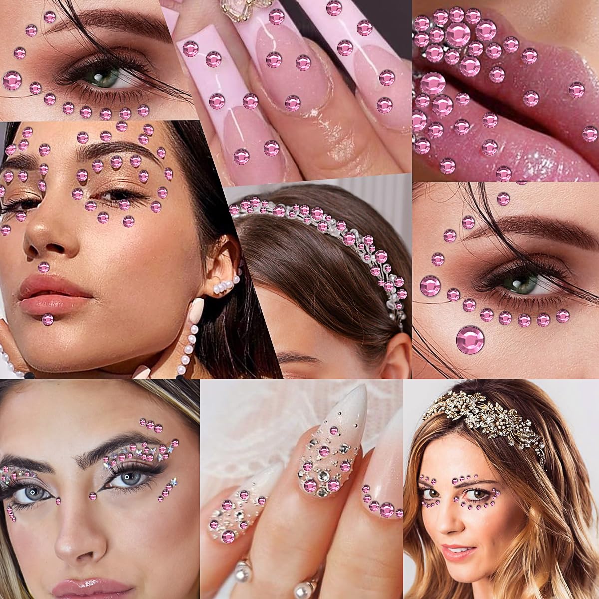 3090 calcomanías de diamantes de imitación de cara rosada, gemas autoadhesivas para el cabello, joyas faciales para maquillaje, calcomanías de