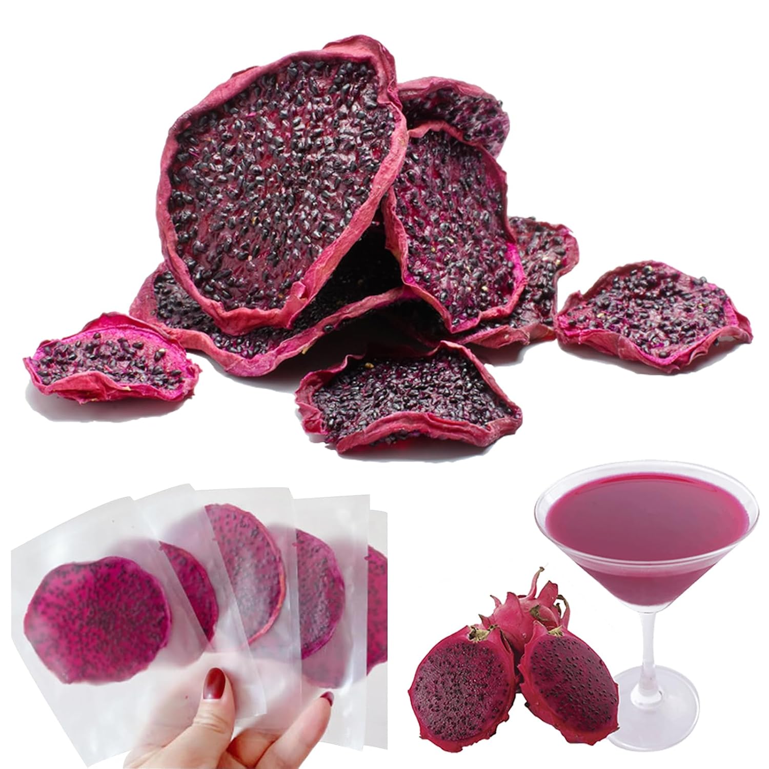 Rebanadas de fruta del dragón, rodajas de fruta de dragón secas, corazón rojo fruta del dragón asado a baja temperatura, pitaya seca, embalaje