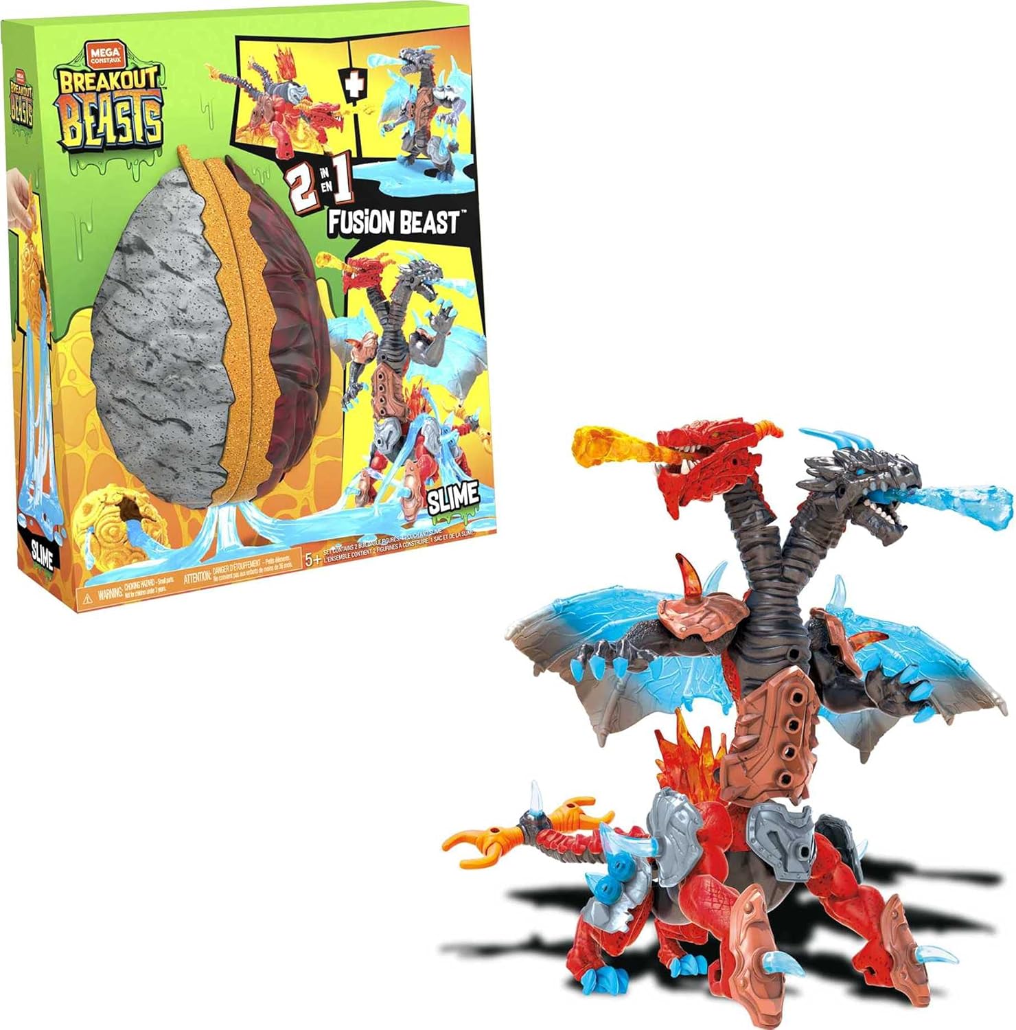 Mega Construx Breakout Beasts – Juego de construcción Fusion Beast 2 en 1 con 2 figuras para construir, slime para niños