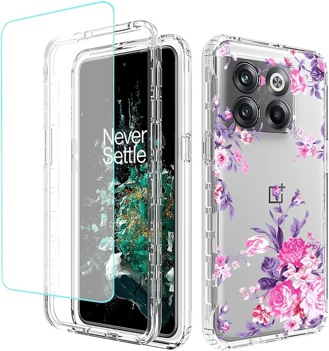 Funda para OnePlus 10T 5GOnePlus Ace Pro, CPH2415 con protector de pantalla de vidrio templado, funda protectora de TPU transparente floral a prueba