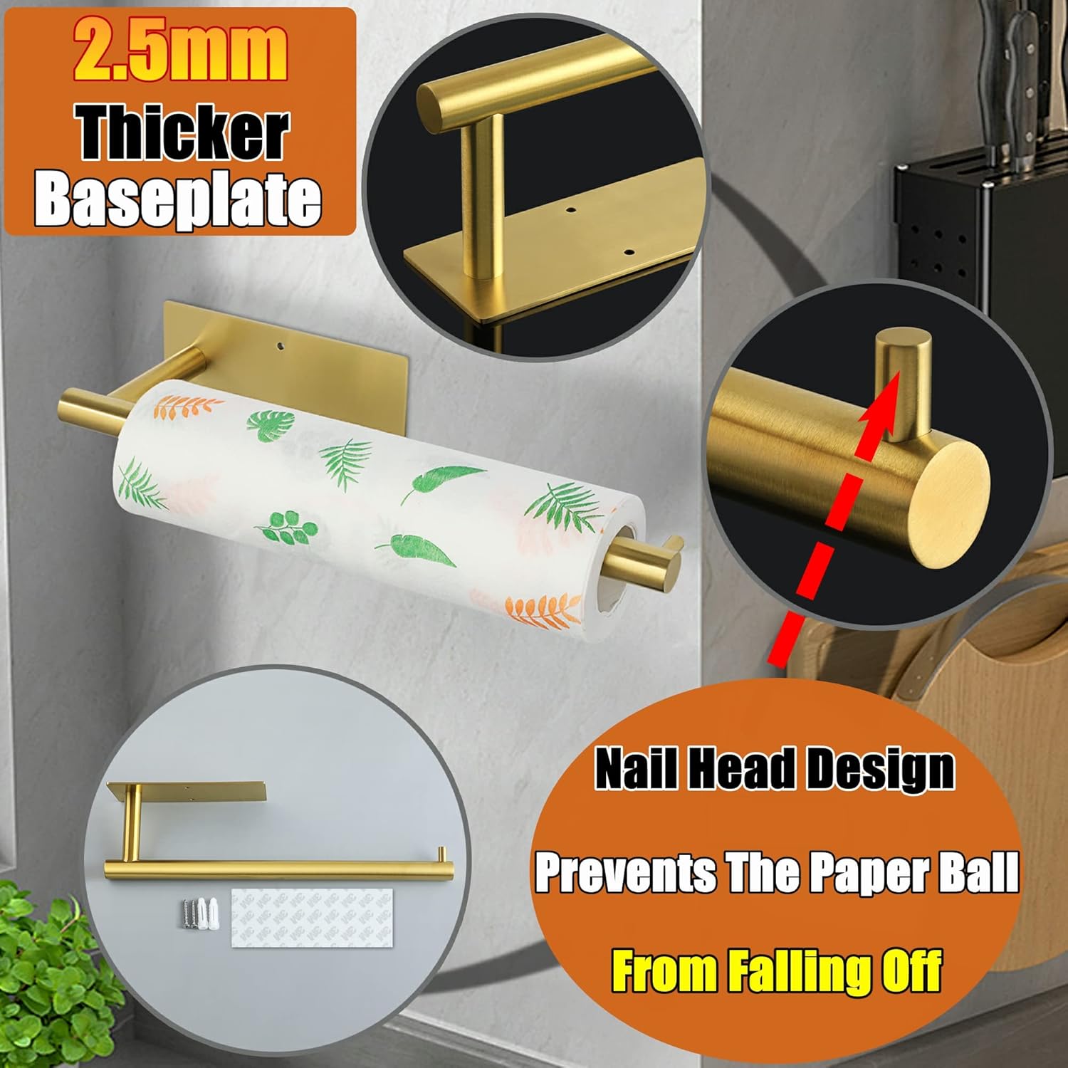 Alise Toallero de papel dorado para debajo del gabinete, rollos de toallas de papel para cocina, SUS304, dispensador de toallas de papel de acero