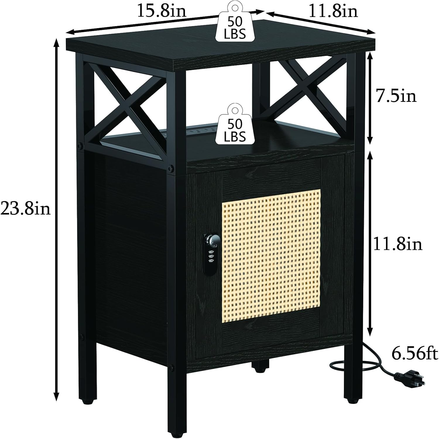 Mesita de noche de ratán con cerradura, mesa auxiliar con puerta y estante abierto, moderna mesita de noche de madera para dormitorio, sala de