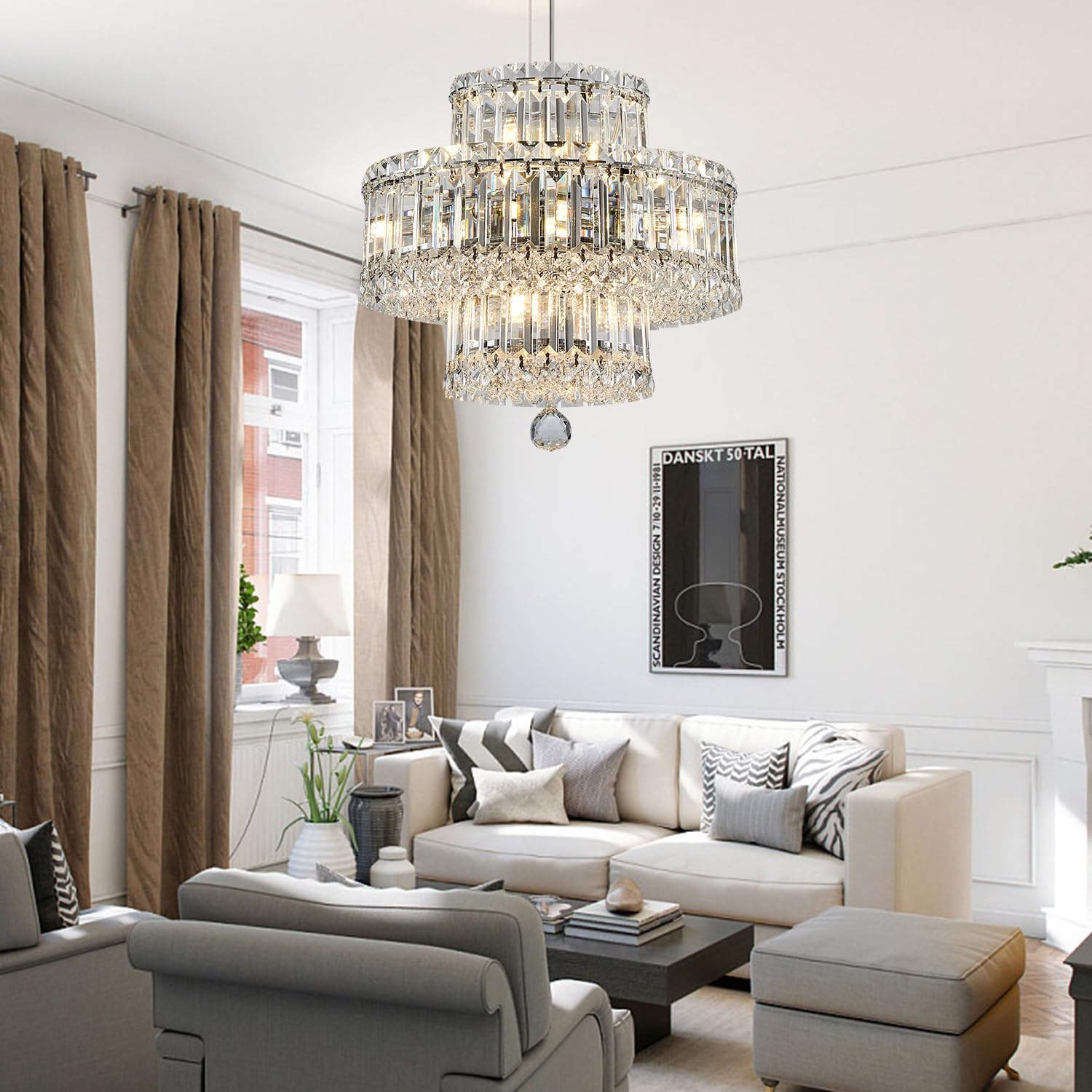 Candelabros de cristal, lámpara de cristal de 15 pulgadas para comedor, 8 luces de techo modernas cromadas, montaje empotrado, 3 neumáticos, lámpara