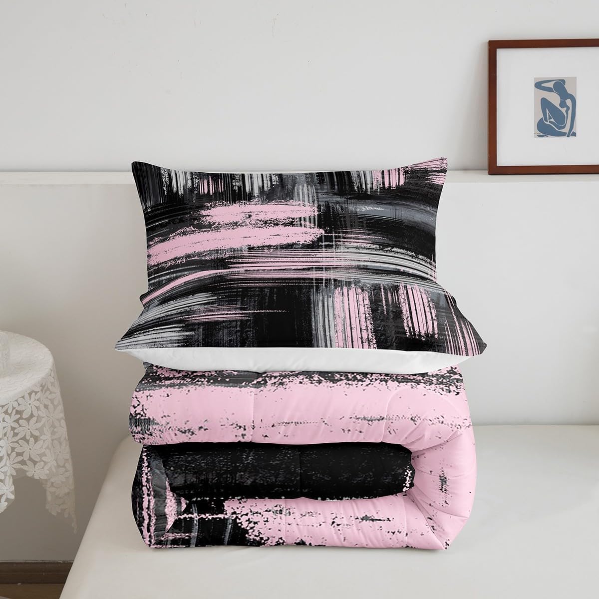 Feelyou Juego de edredón abstracto rosa y negro tamaño Queen, juego de edredón geométrico artístico con graffiti abstracto, juego de ropa de cama
