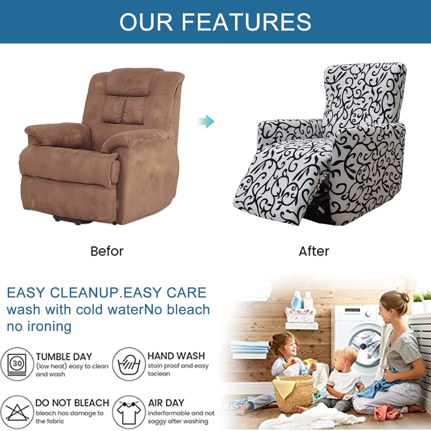 Eco-Ancheng Fundas reclinables de 4 piezas, fundas para sillas reclinables, fundas elásticas para sofá reclinable, fundas ajustables antideslizantes