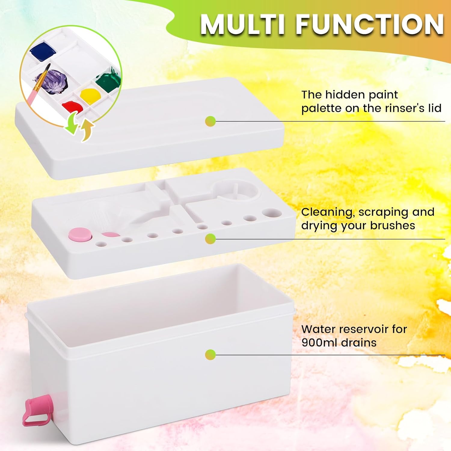 BEFSOP Limpiador de pinceles, suministros de pintura 4 en 1 mejorados, soporte para pinceles con paleta, enjuague de pinceles para acrílico, paleta